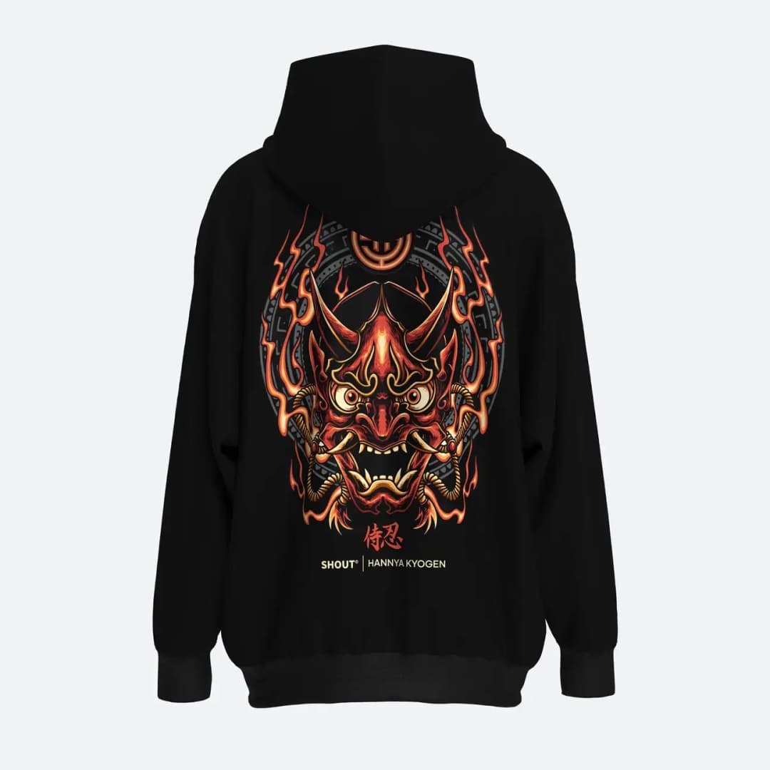 SHOUT Hannya Kyogen Zip Hoodie unisex ürün görseli – Zip Hoodie kalıp örneği