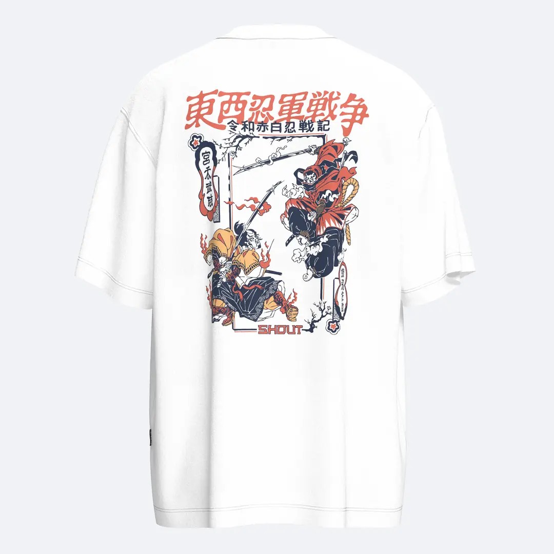 Shout Oversize Musashi vs Sasuke Unisex T-Shirt - Beyaz