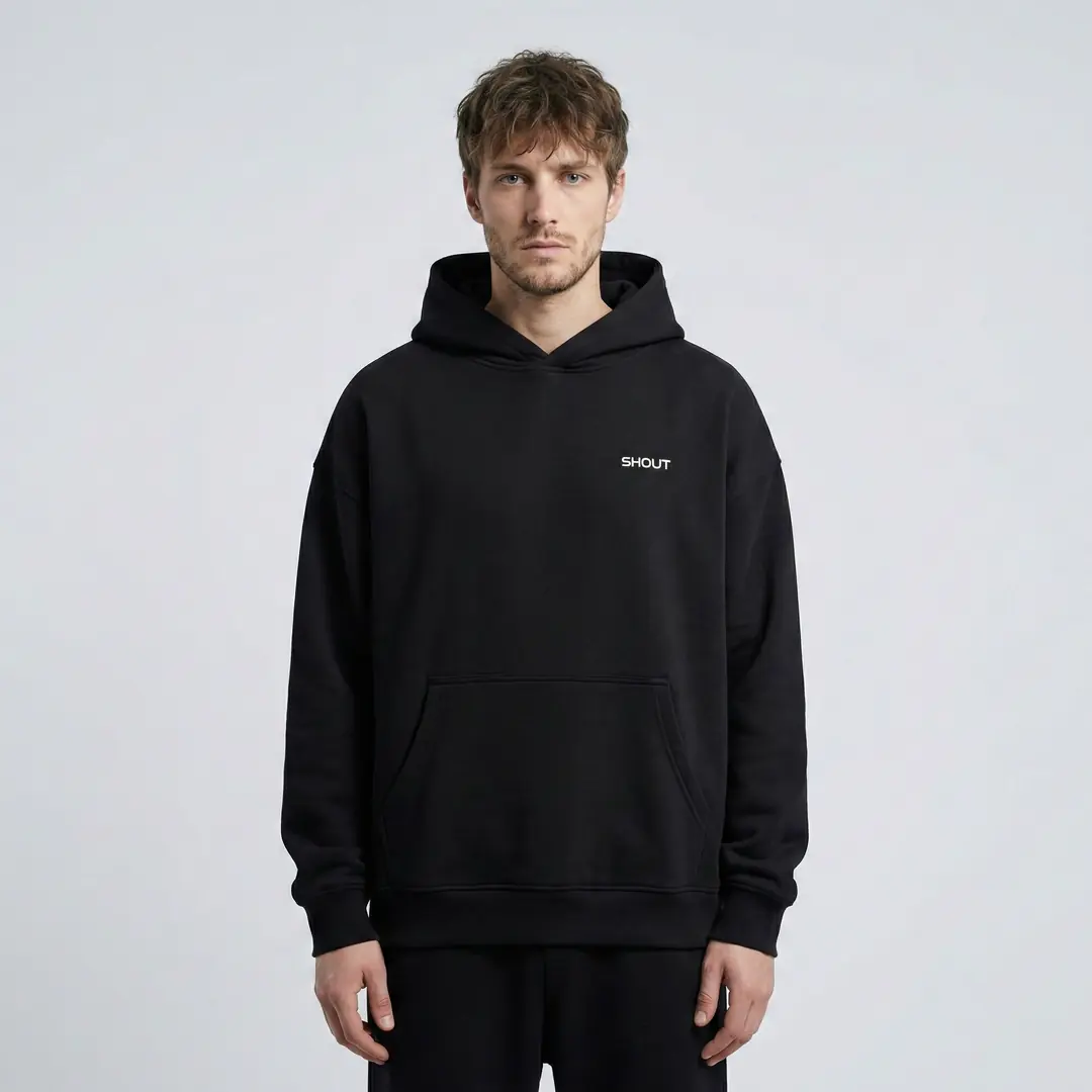 SHOUT Basic Black Oldschool Hoodie – hip hop giyim tarzına uygun SHOUT parçası