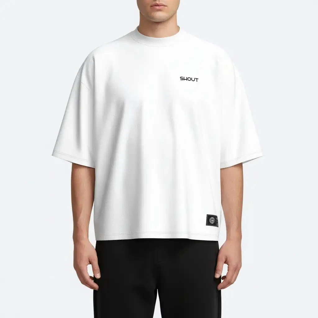 Shout Oversize Boxy Fit Basic Unisex T-Shirt - Beyaz