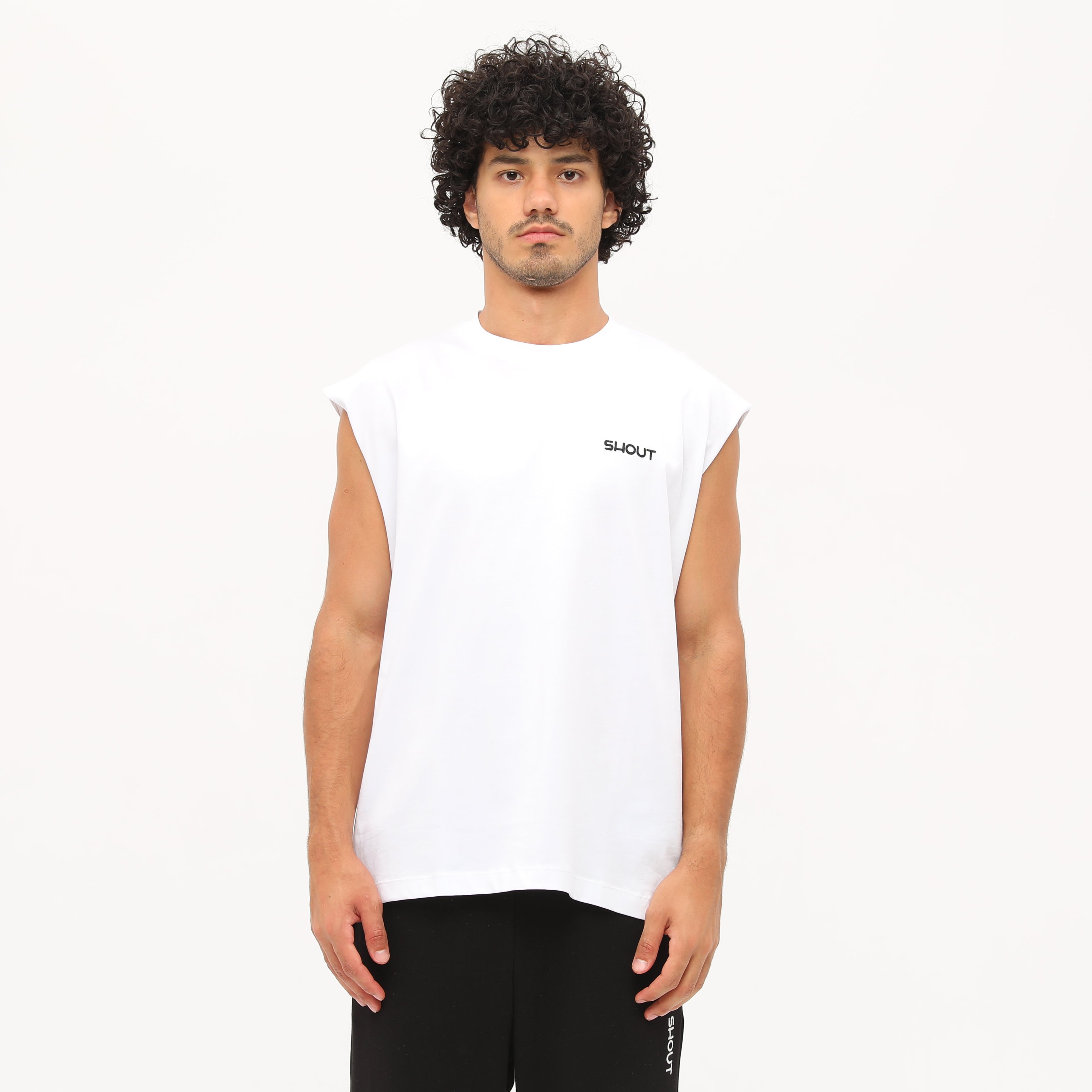 Shout Oversize Embroidery Logo Basic Sleeveless T-Shirt