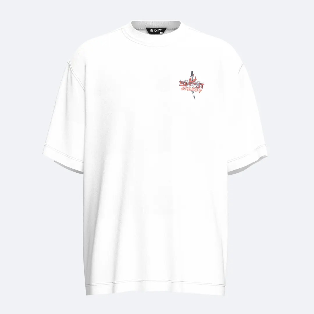 Shout Oversize Musashi vs Sasuke Unisex T-Shirt - Beyaz