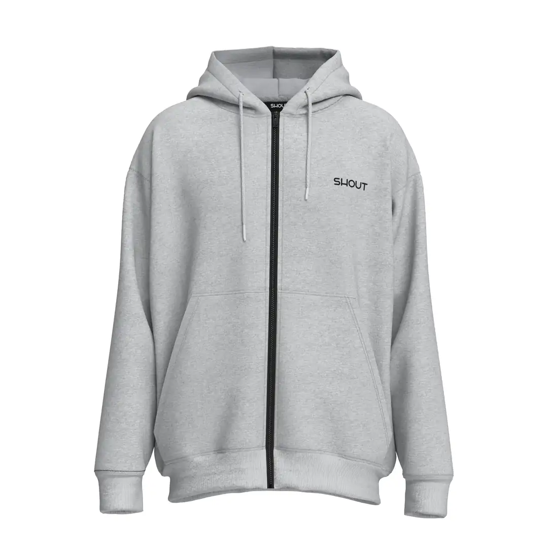 SHOUT Basic Grey Zip Up Hoodie – hip hop giyim tarzına uygun SHOUT parçası