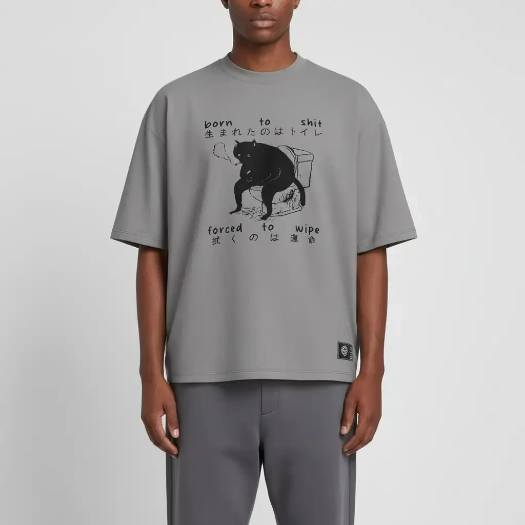 Shout Boxy Fit Oversize Born to Shit Forced to Wipe Unisex T-Shirt - Gri
