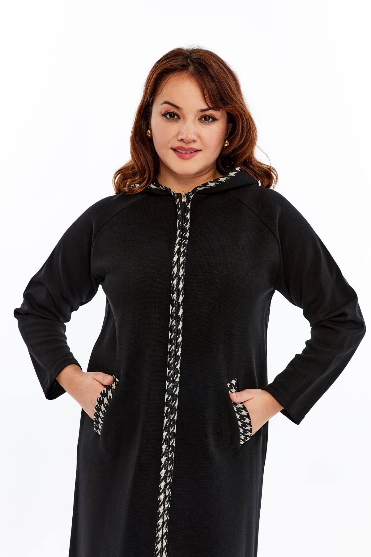 Triko Orta Kalın Mevsimlik Çelik Örgü Büyük Beden Anne Pardösü Kapşonlu Fermuarlı Uzun Siyah Hırka
