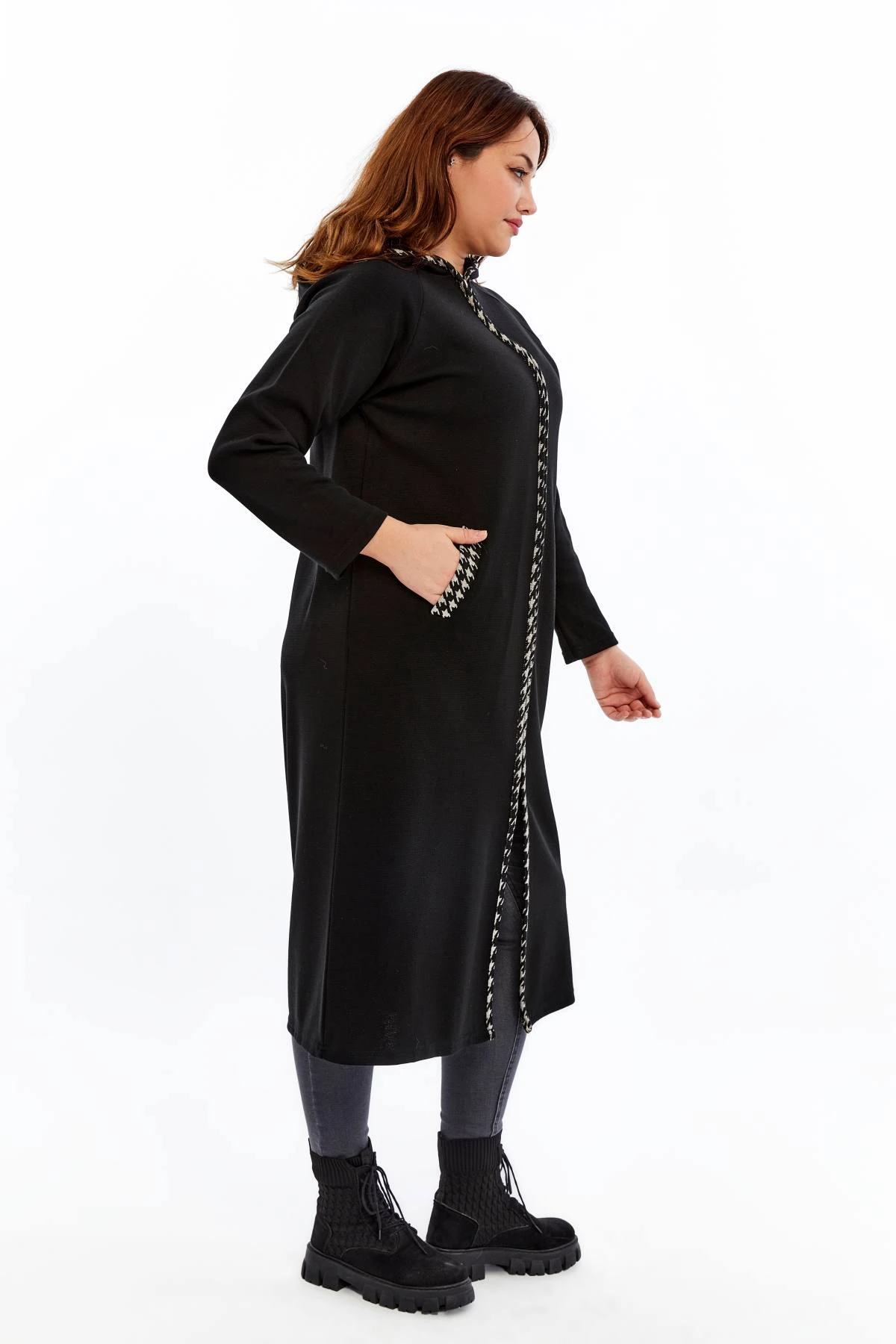 Triko Orta Kalın Mevsimlik Çelik Örgü Büyük Beden Anne Pardösü Kapşonlu Fermuarlı Uzun Siyah Hırka