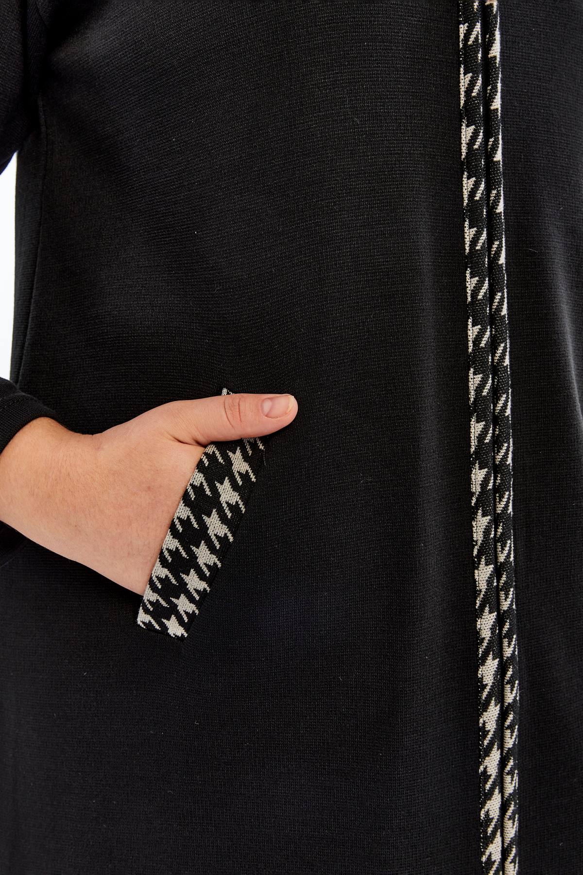 Triko Orta Kalın Mevsimlik Çelik Örgü Büyük Beden Anne Pardösü Kapşonlu Fermuarlı Uzun Siyah Hırka