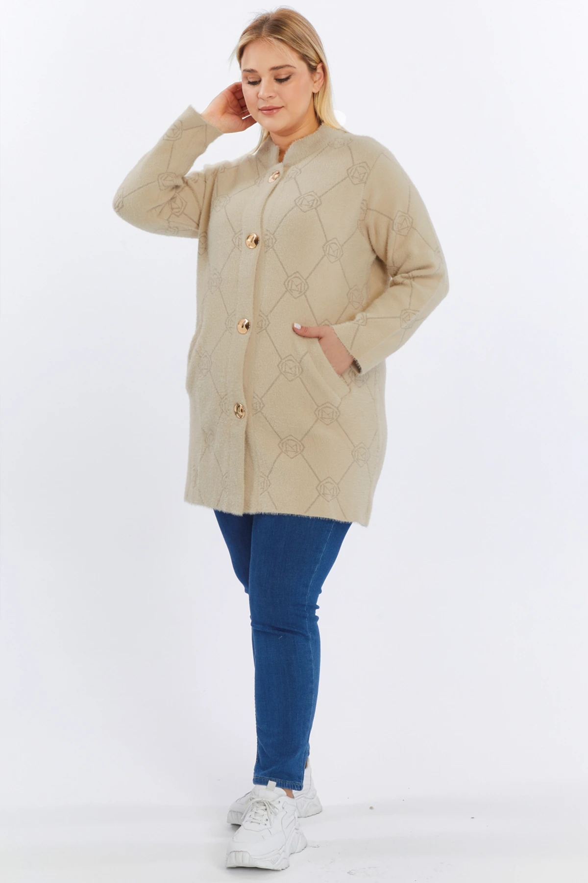 Triko Kaban Büyük Beden Kadın Sakallı Yünlü Çok Kalın Yüksek Kalite Uzun Kışlık Anne Hırka