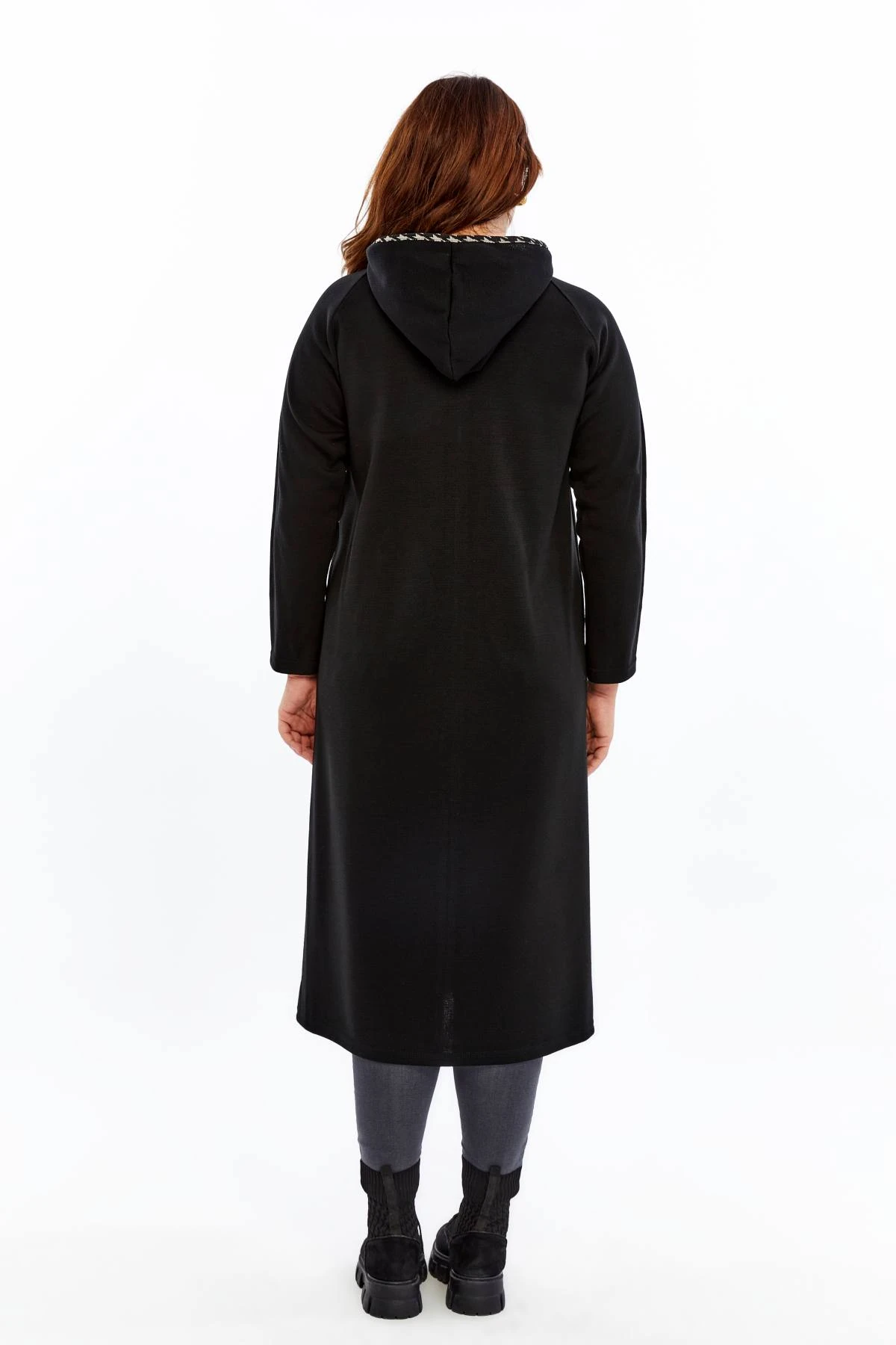 Triko Orta Kalın Mevsimlik Çelik Örgü Büyük Beden Anne Pardösü Kapşonlu Fermuarlı Uzun Siyah Hırka