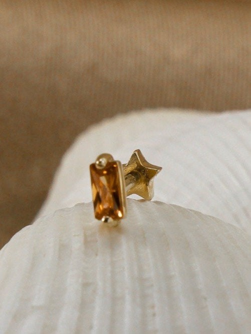 14K Gold Baguette Piercing, Tiny Stud Earrings, Gold Cartilage Piercing, Small Stud Piercing, Minimalist Solid Gold Earring