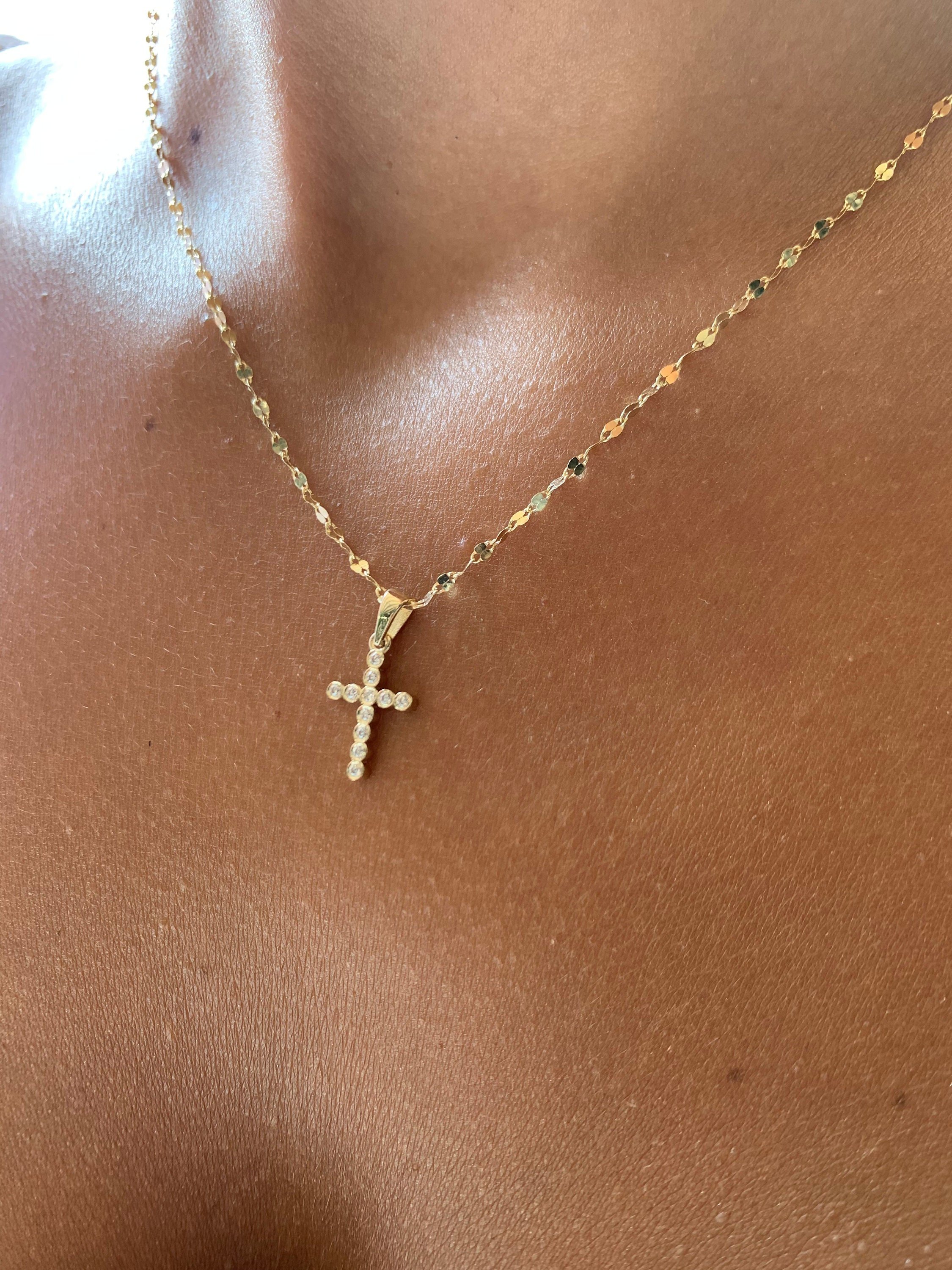 Dainty Crystal Cross Necklace | 14k Solid Gold Cross Pendant | CZ Cross Personalized Initial Religious Handmade Minimal Women Best Jewelry