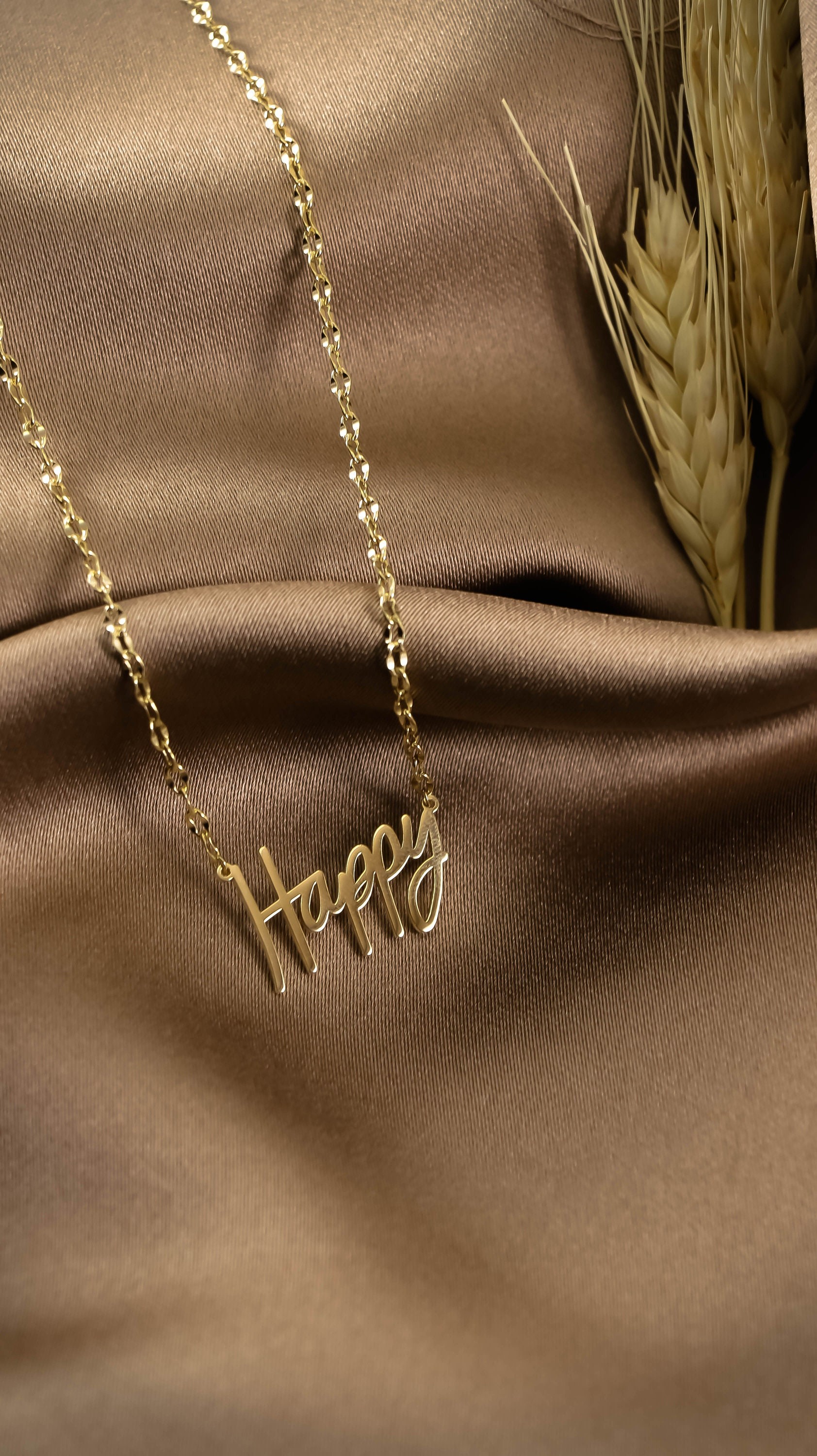 Gold Happy Necklace, Happy Word Charm Pendant