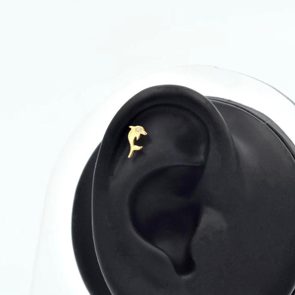 14K Solid Gold Dolphin Helix Piercing, Baby Dolphin Gold Stud Piercing, Minimalist Animal Gold Tragus Piercing, Valentine Cartilage Piercing