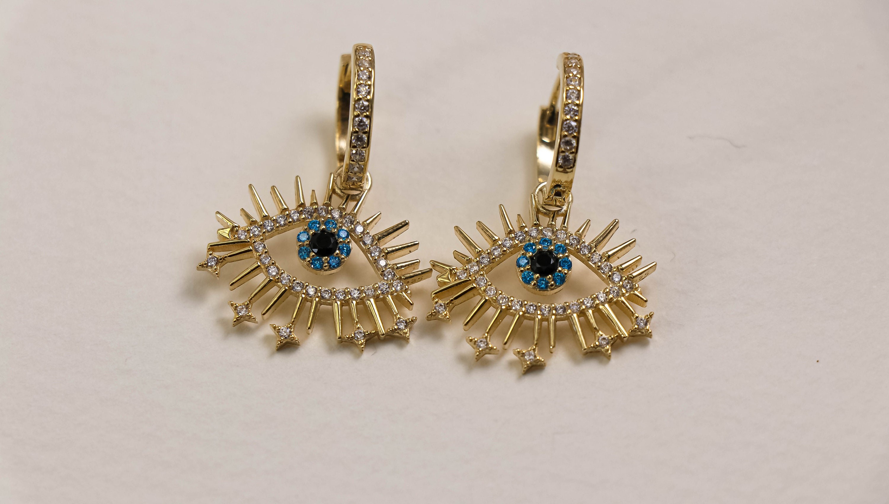 EVEL EYE EARRING 14K Gold Plated 925 Sterling Silver Zirconia | Zirconia Gemstones | Evel Eye Hoops | Charm Good Luck Gift |Evil Eye Charm