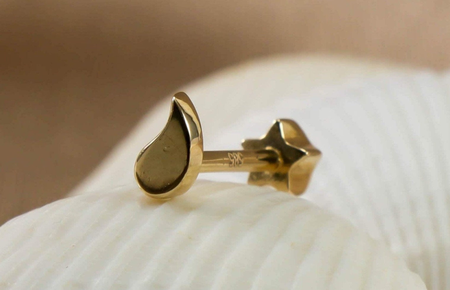 Solid Gold Teardrop Earring, Pear Shape Stud Ear Piercing