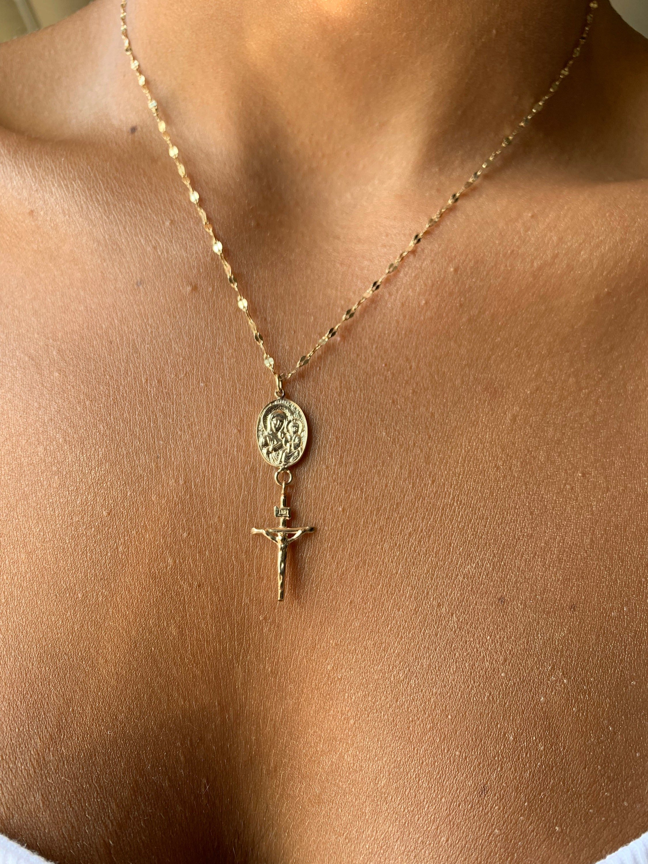 Virgin Mary Cross Necklace | 14K Solid Gold Religious Baptism Necklace | Mary and Jesus Cross Coin Necklace | Christian Protection Jewelry