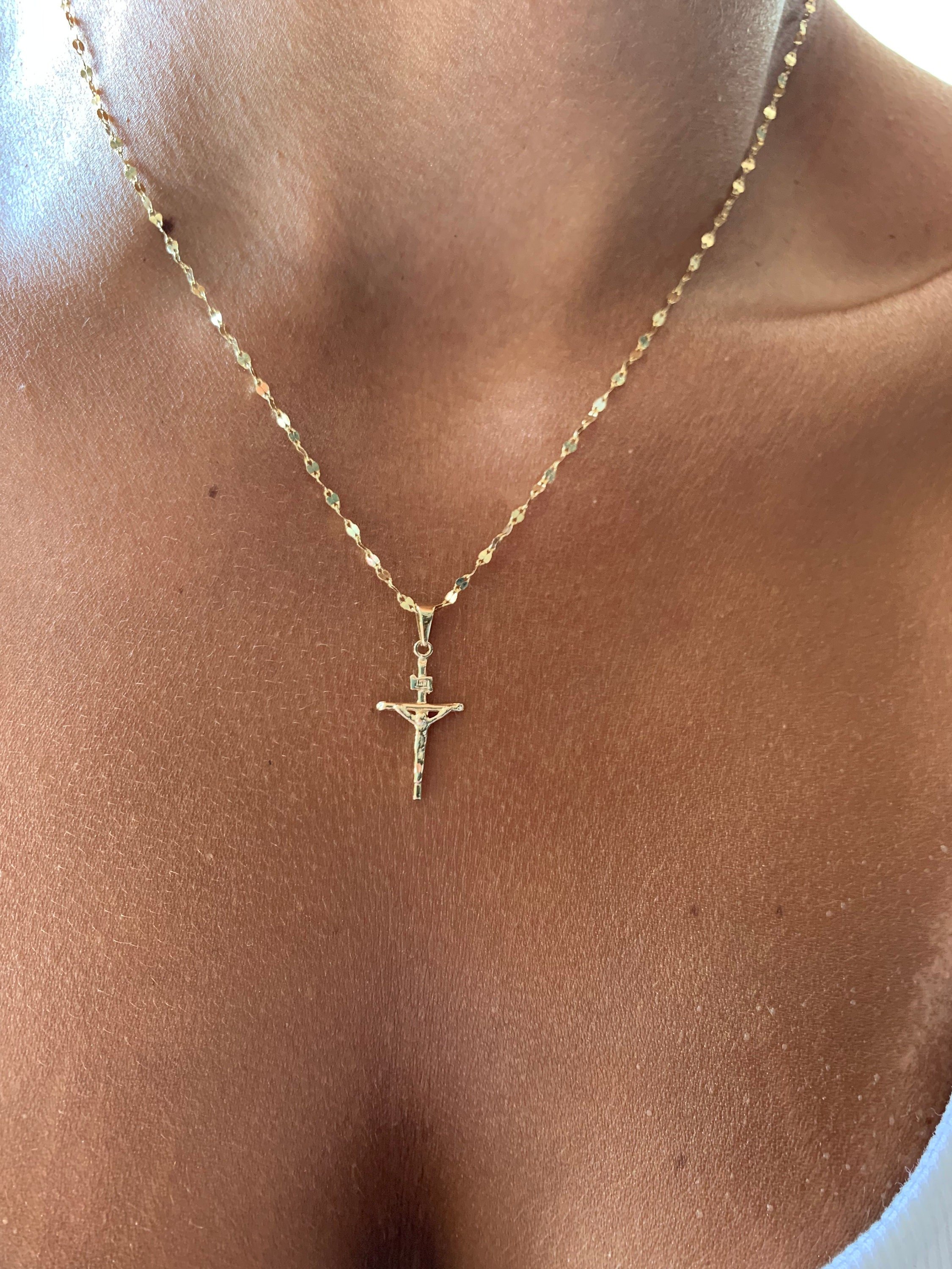 Gold Jesus Cross Necklace | Crucifix Pendant Religious Protection Necklace | Christian Jewelry | Dainty Minimal Cross Charm | Saint Necklace