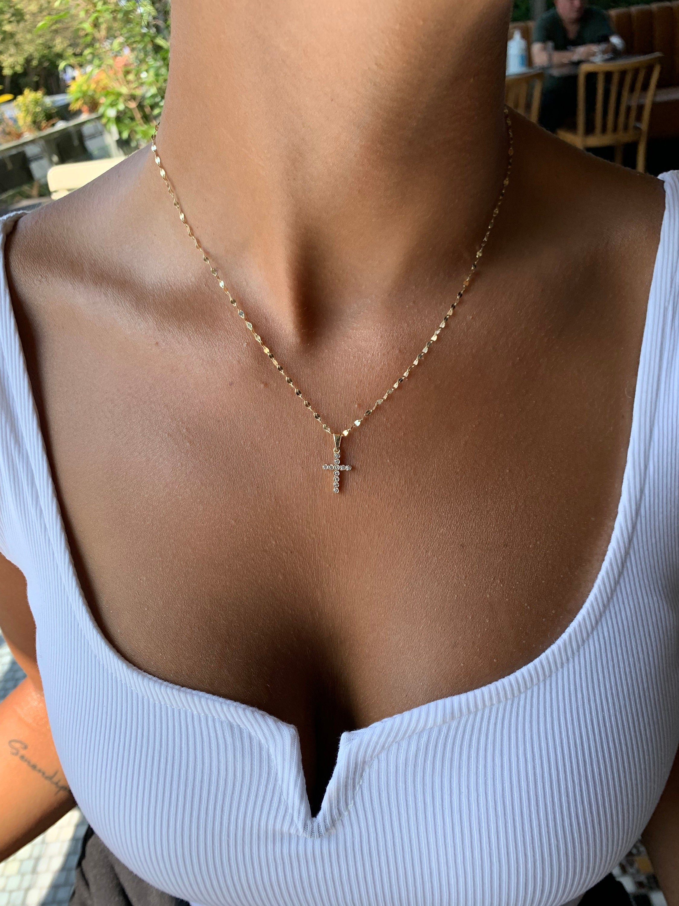 Dainty Crystal Cross Necklace | 14k Solid Gold Cross Pendant | CZ Cross Personalized Initial Religious Handmade Minimal Women Best Jewelry