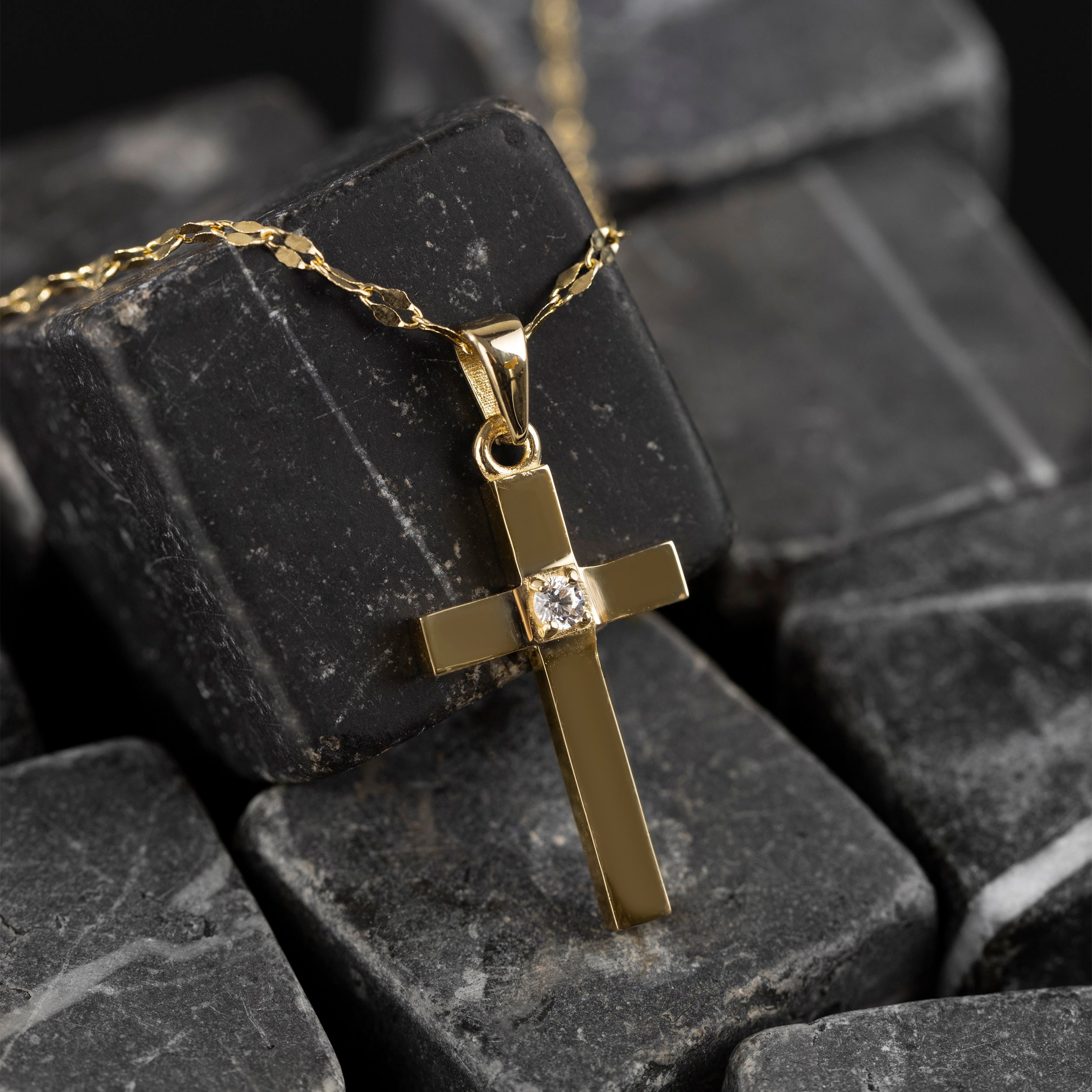 Diamond Cross Necklace | 14k Solid Gold Cross Pendant | CZ Solitare Religious Handmade Minimal Women Best Cross Necklace | Best Baptism Gift