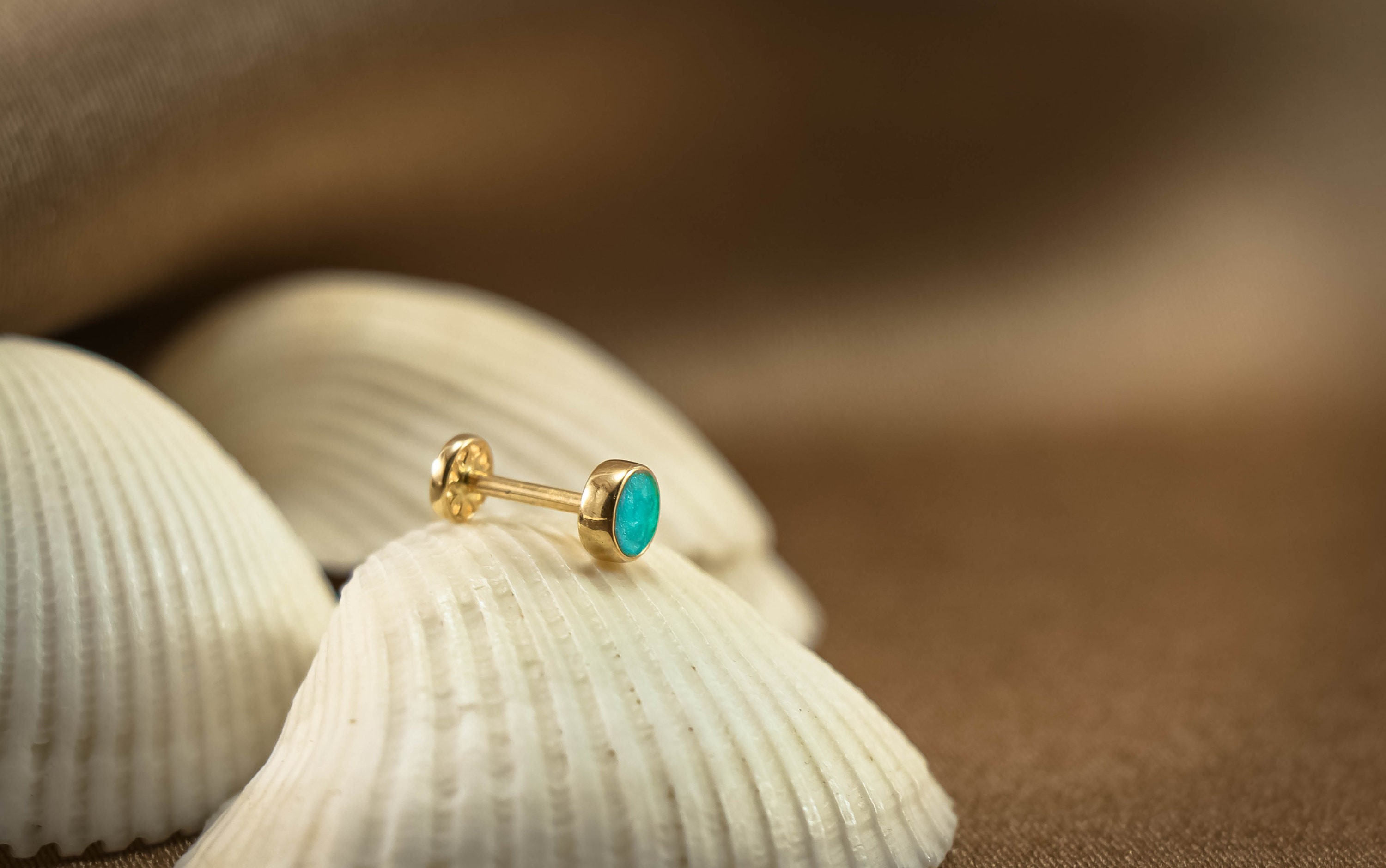 14K Gold Dainty Piercing with Turquoise Gemstone, Minimalist Solid Gold Earring, Tiny Stud Piercing, Small Gold Earrings