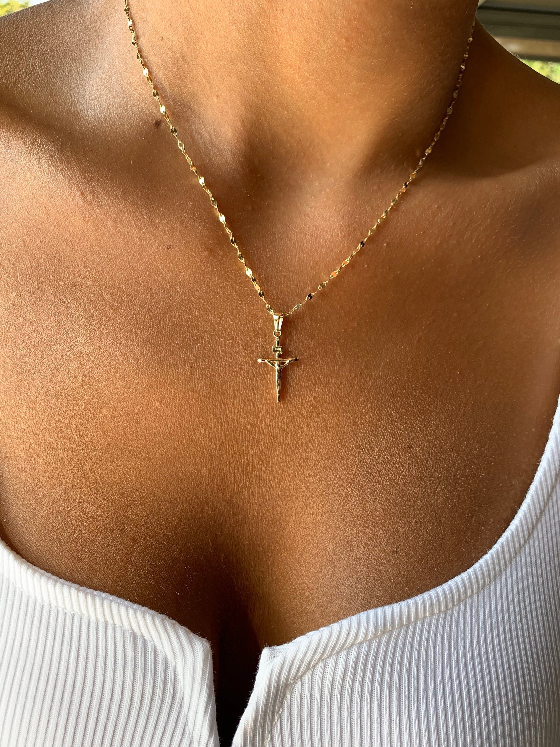 Gold Jesus Cross Necklace | Crucifix Pendant Religious Protection Necklace | Christian Jewelry | Dainty Minimal Cross Charm | Saint Necklace