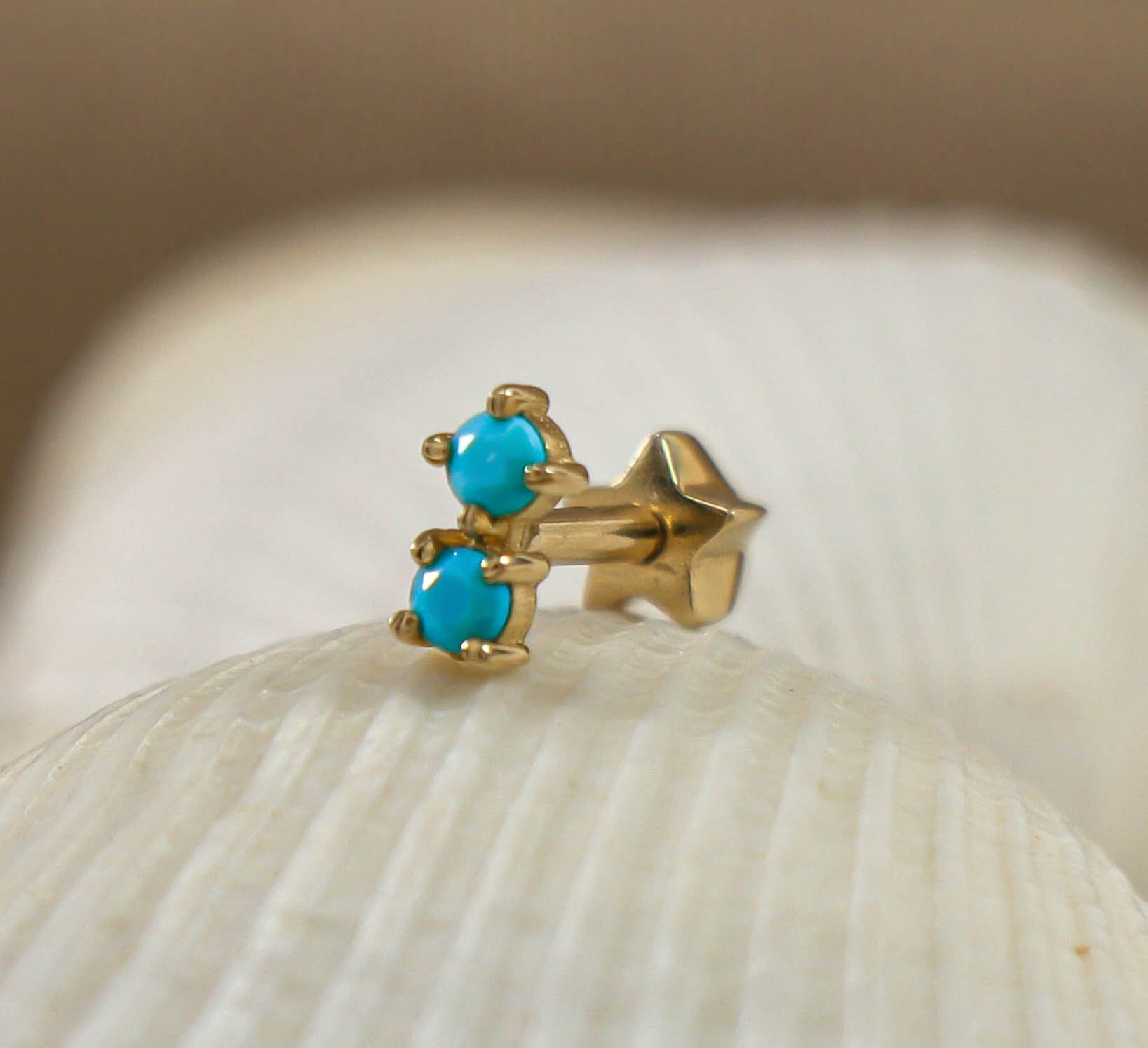 14K Gold 2 Blue Stone Piercing, Double Emerald Piercing Stud, Minimal Cartilage Earlobe Piercing, Helix Ear Stud