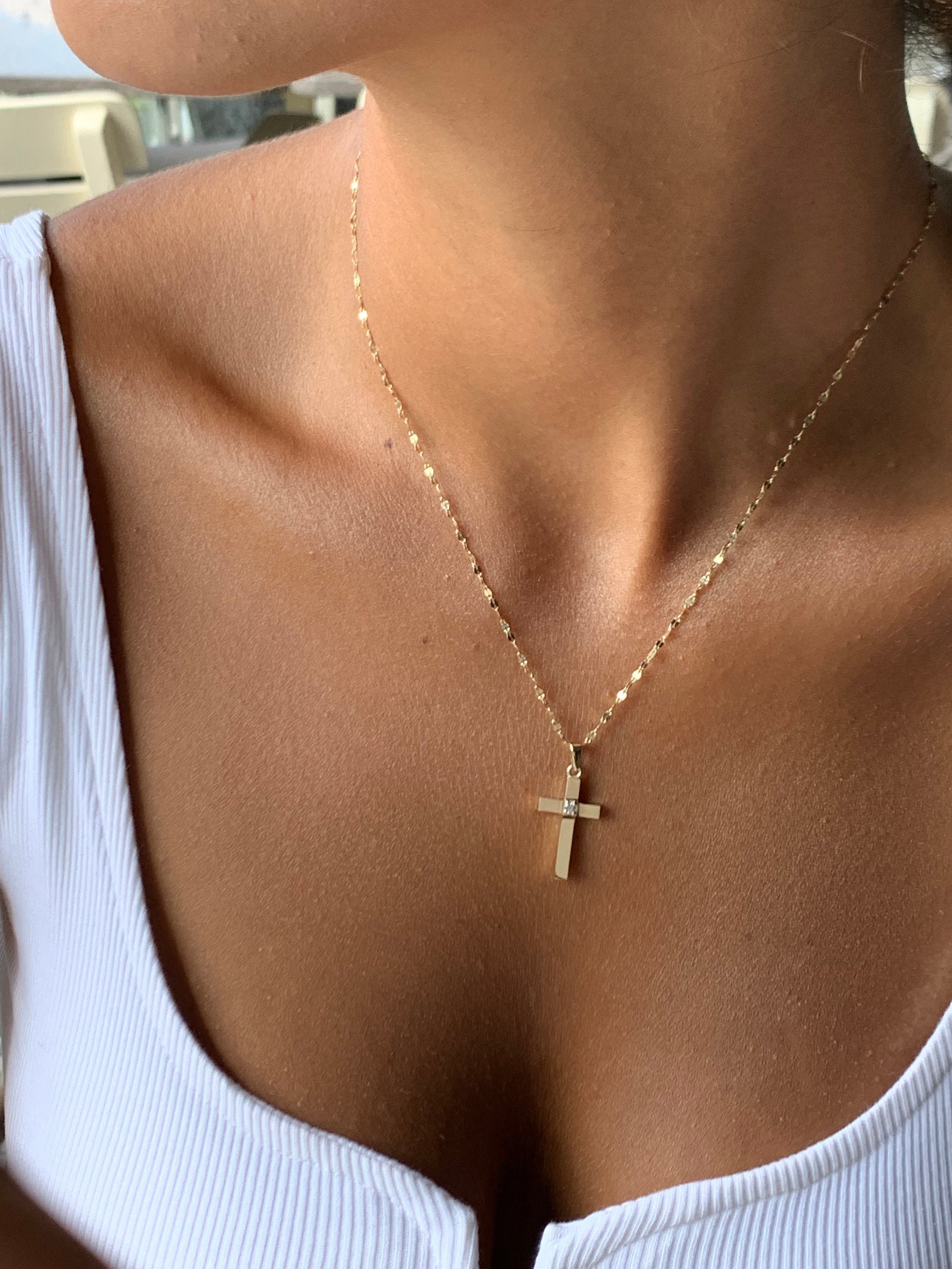 Diamond Cross Necklace | 14k Solid Gold Cross Pendant | CZ Solitare Religious Handmade Minimal Women Best Cross Necklace | Best Baptism Gift