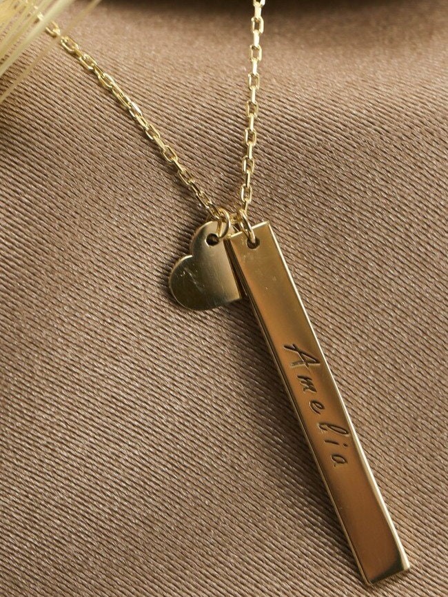 14K Gold Vertical Name Bar Necklace with Heart, Customized Letter Charm for Couple