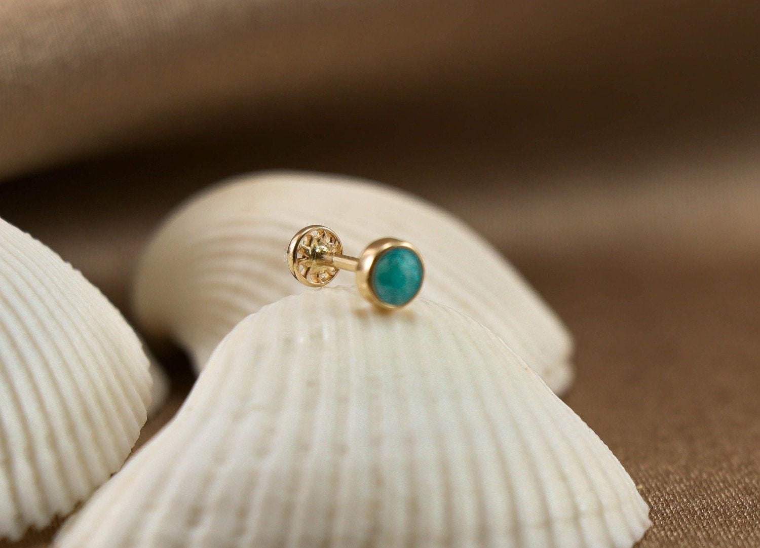 14K Gold Dainty Piercing with Turquoise Gemstone, Minimalist Solid Gold Earring, Tiny Stud Piercing, Small Gold Earrings