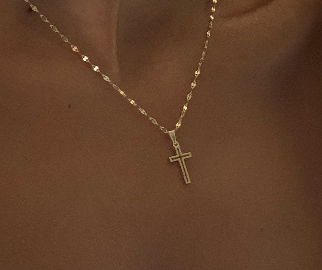 14K Solid Gold Cross Necklace | Handmade Customized Jewelry | Religious Birthday Gift | Dainty Protection Mirror Chain Pendant Necklace |