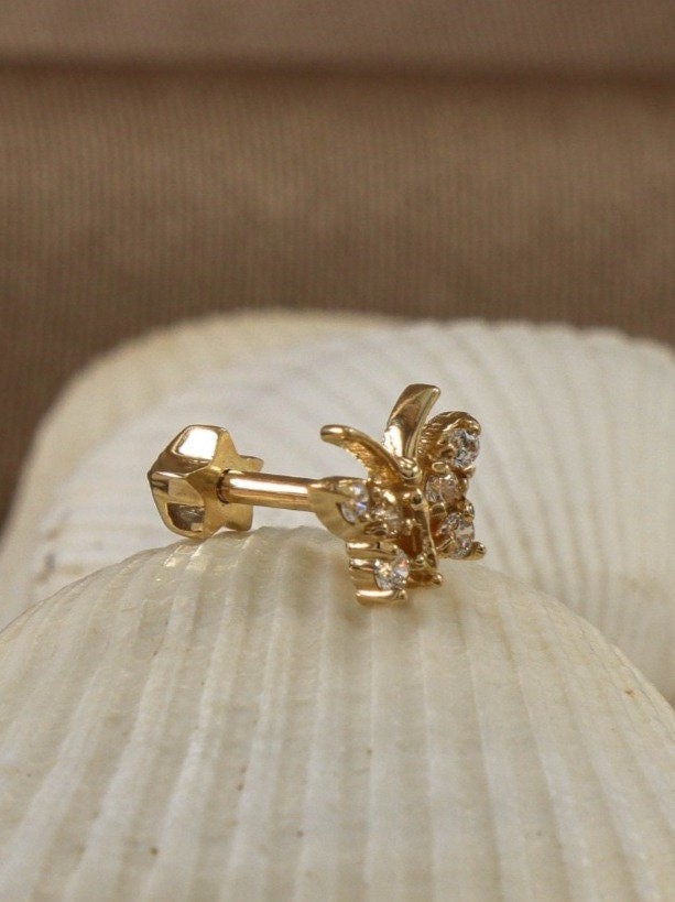 14K Gold Butterfly Studs, Gold Dainty CZ Butterfly Piercing, Gold Stud Earrings, Solid Gold Butterfly Piercing, Tragus Gold Piercing