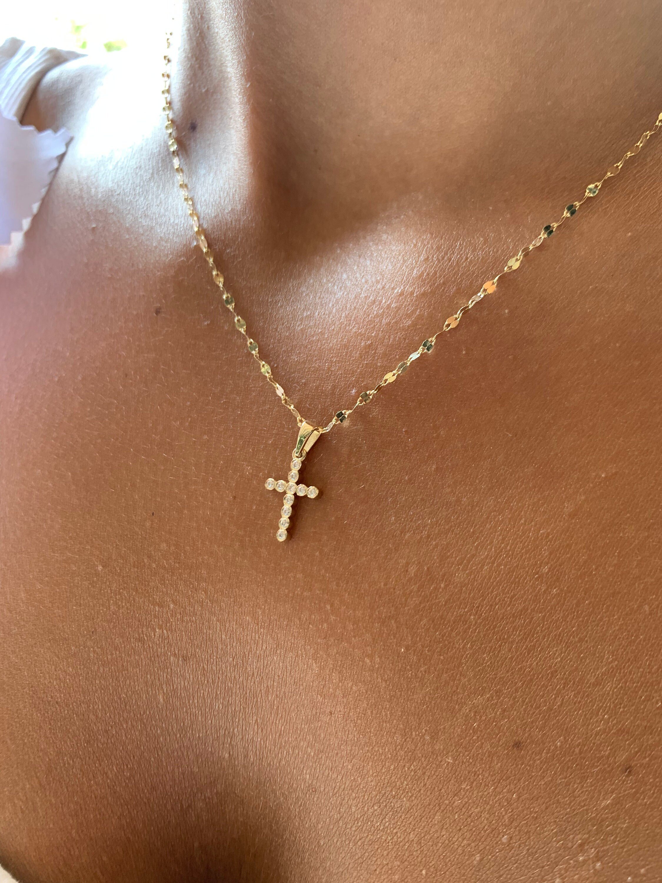 Dainty Crystal Cross Necklace | 14k Solid Gold Cross Pendant | CZ Cross Personalized Initial Religious Handmade Minimal Women Best Jewelry