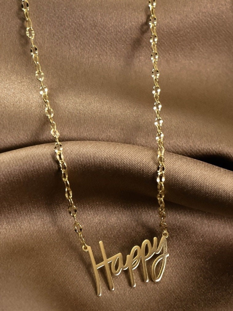 Gold Happy Necklace, Happy Word Charm Pendant