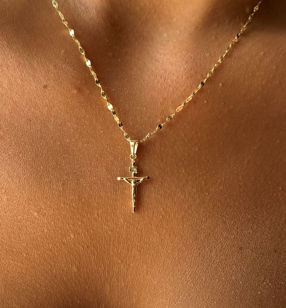 Gold Jesus Cross Necklace | Crucifix Pendant Religious Protection Necklace | Christian Jewelry | Dainty Minimal Cross Charm | Saint Necklace