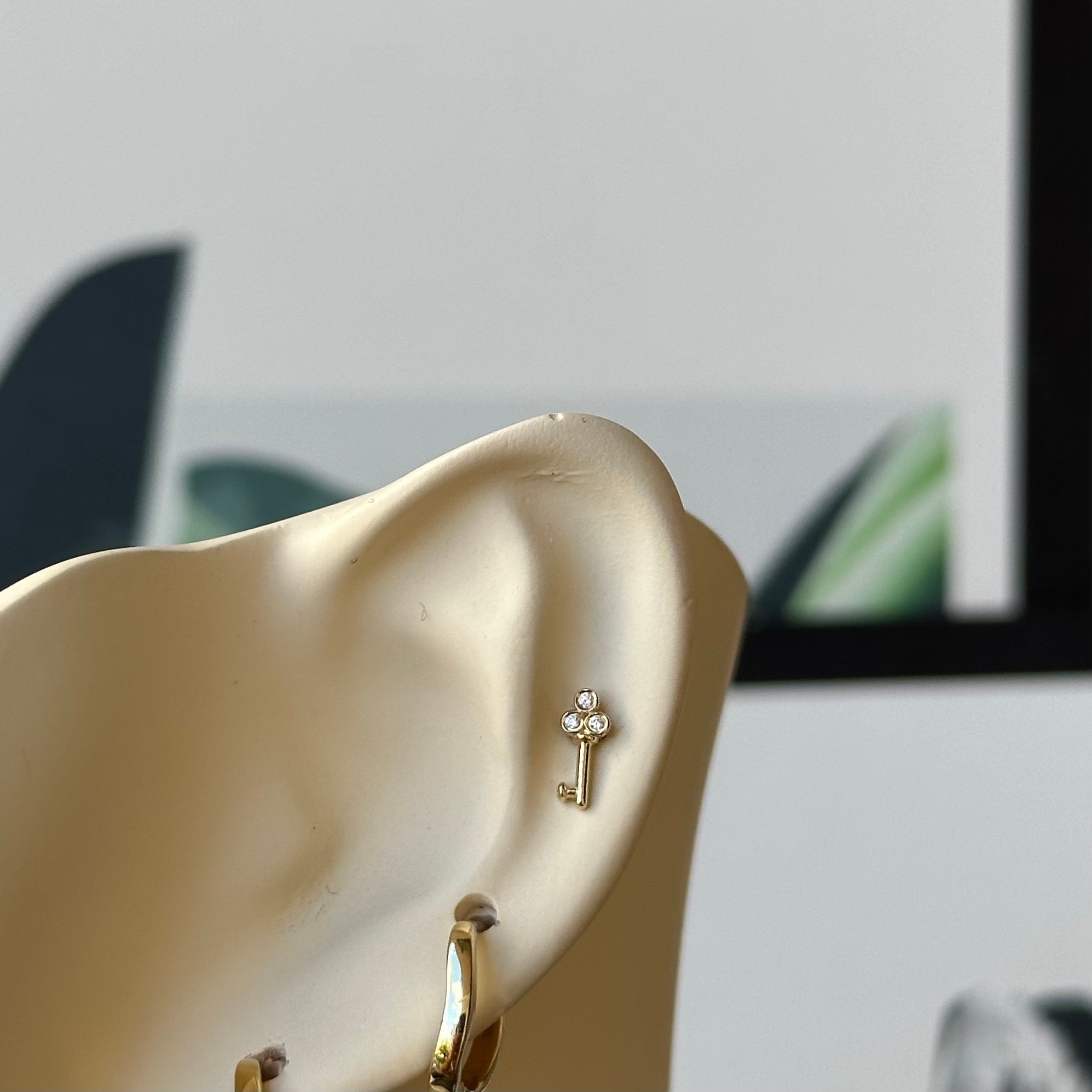 14K Gold Key With Stone Piercing