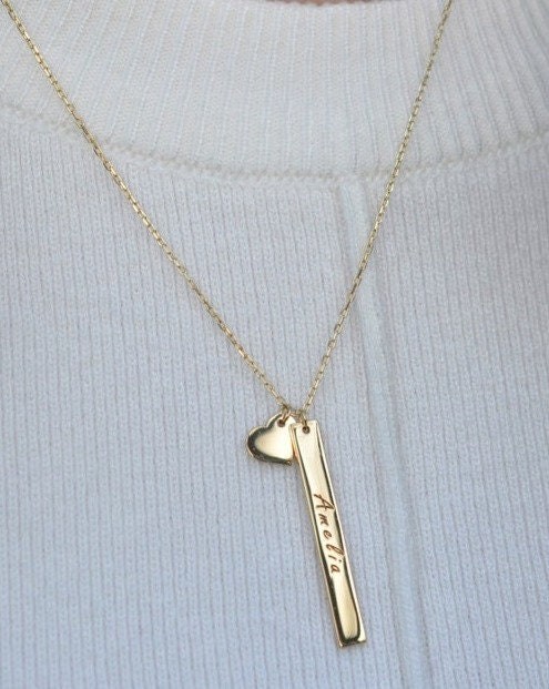 14K Gold Vertical Name Bar Necklace with Heart, Customized Letter Charm for Couple