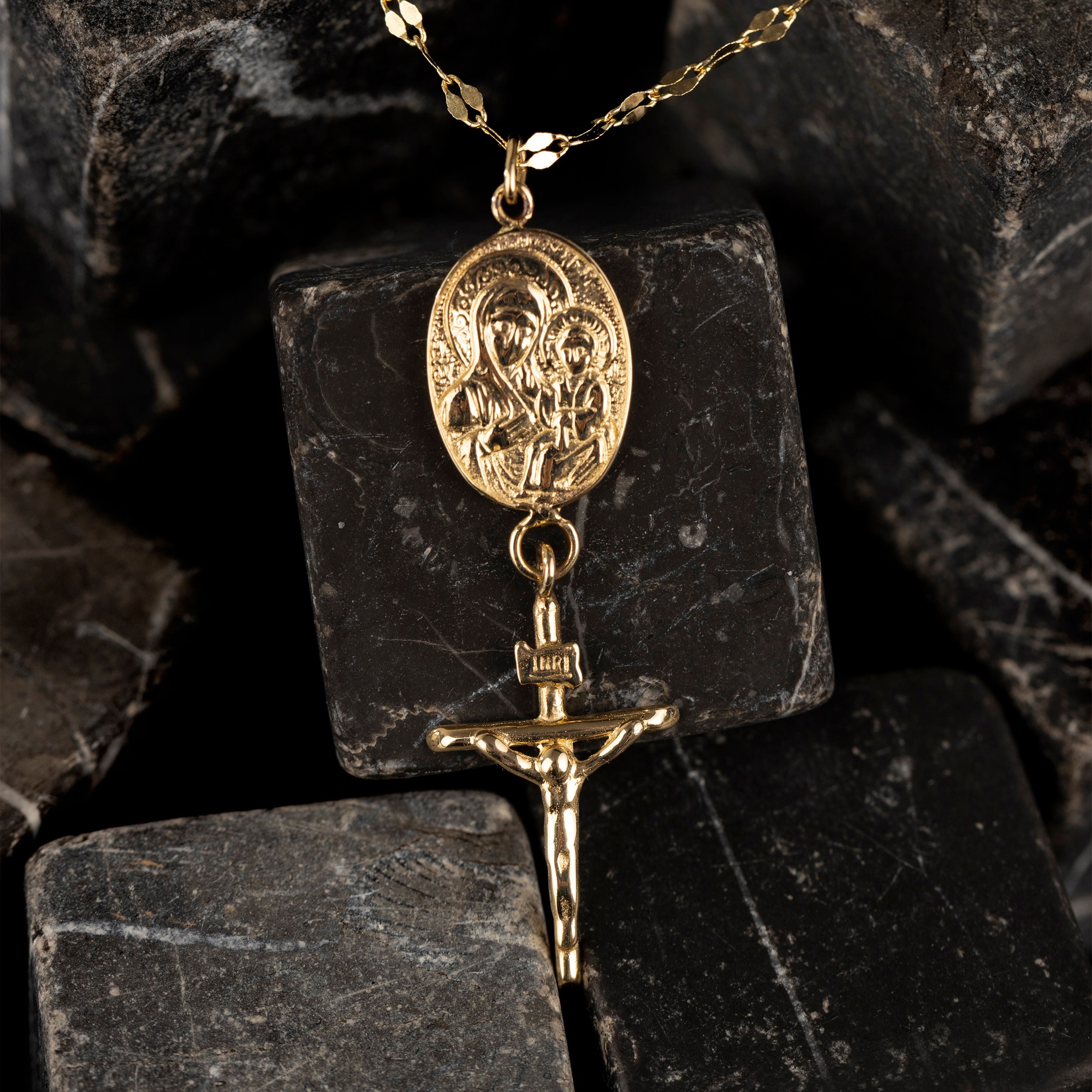 Virgin Mary Cross Necklace | 14K Solid Gold Religious Baptism Necklace | Mary and Jesus Cross Coin Necklace | Christian Protection Jewelry