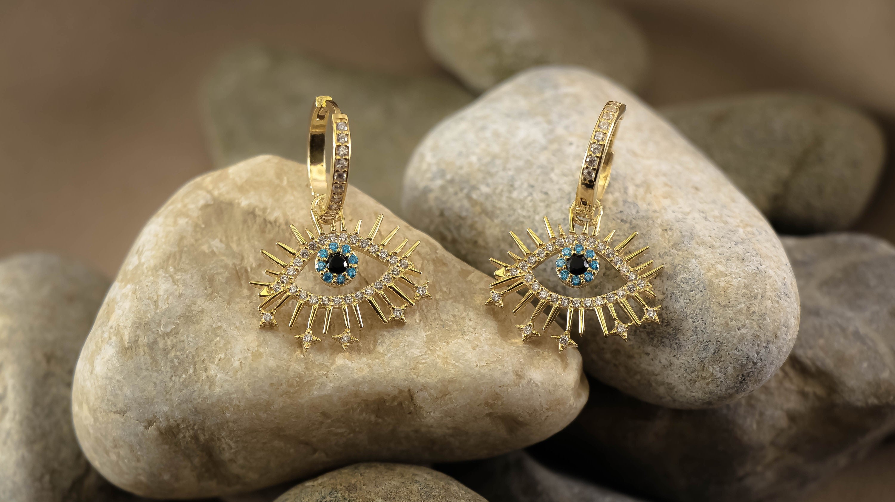 EVEL EYE EARRING 14K Gold Plated 925 Sterling Silver Zirconia | Zirconia Gemstones | Evel Eye Hoops | Charm Good Luck Gift |Evil Eye Charm