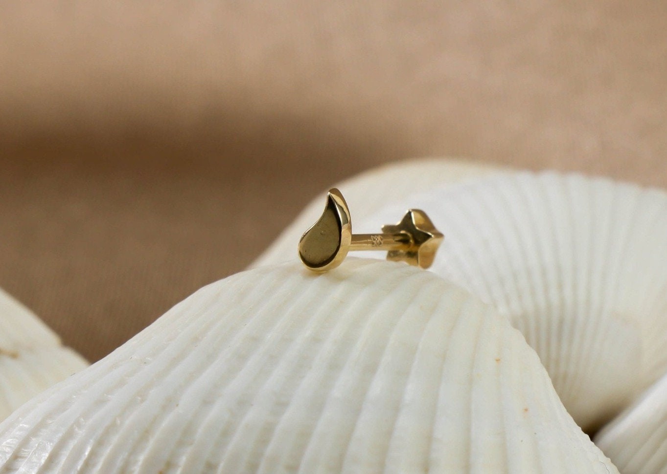 Solid Gold Teardrop Earring, Pear Shape Stud Ear Piercing