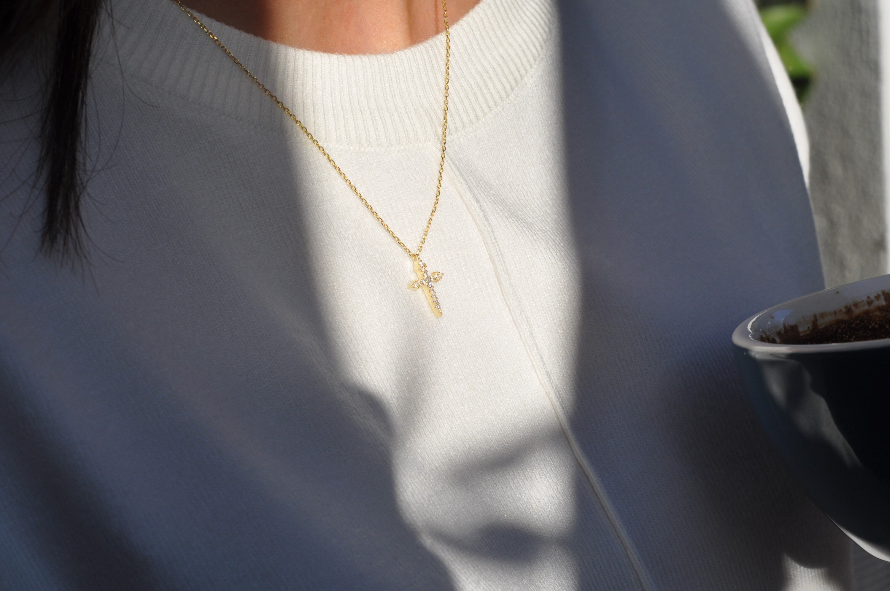 14K GOLD Plate CROSS Necklace | Sterling Silver Cross Pendant Necklace for Mother Day Gift