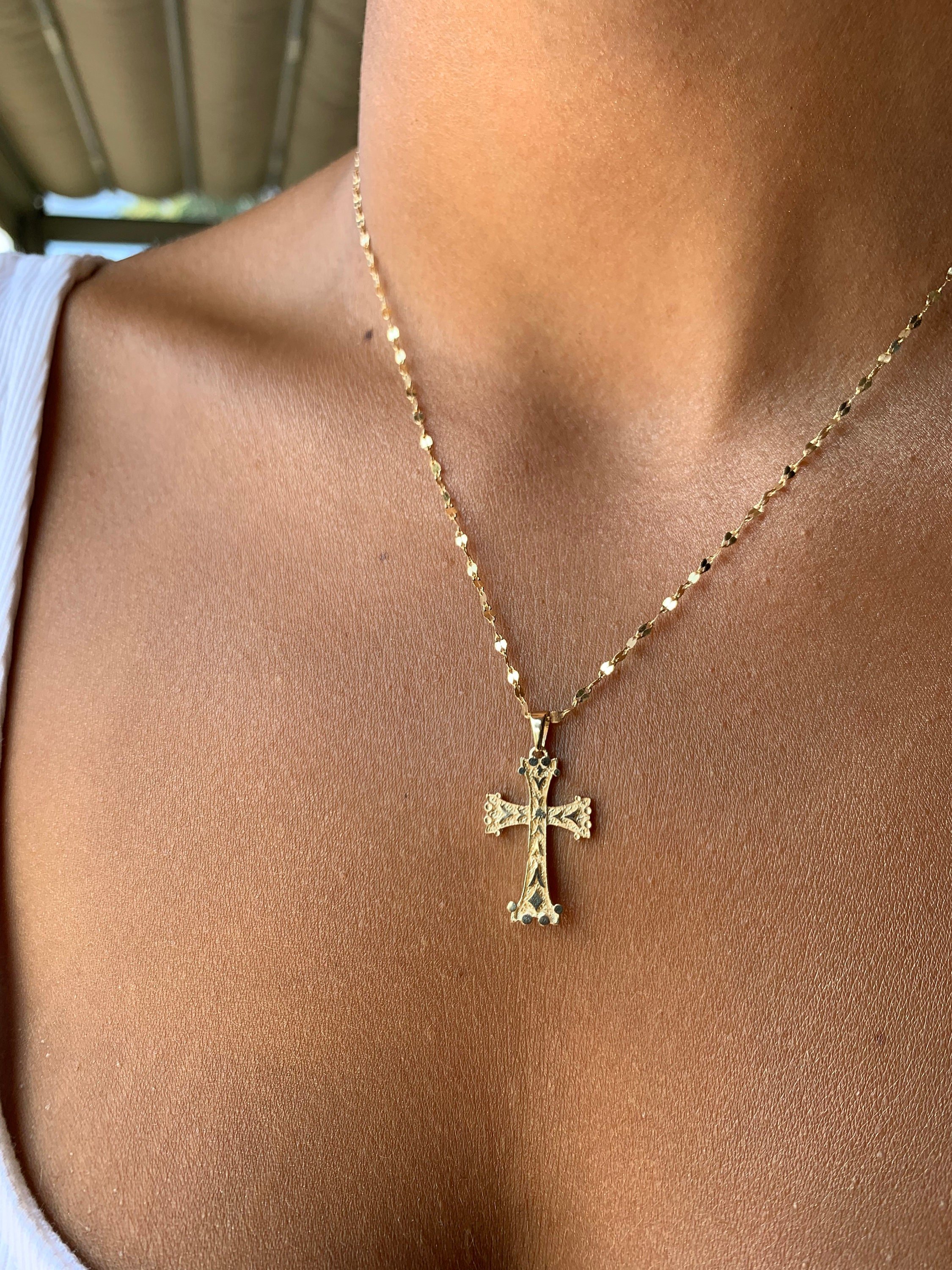 Gold Cross Necklace | Personalized Initial | 14K Gold Religious Handmade Charm Necklace | Crucifix Pendant | Dainty Cross Minimal Jewelry