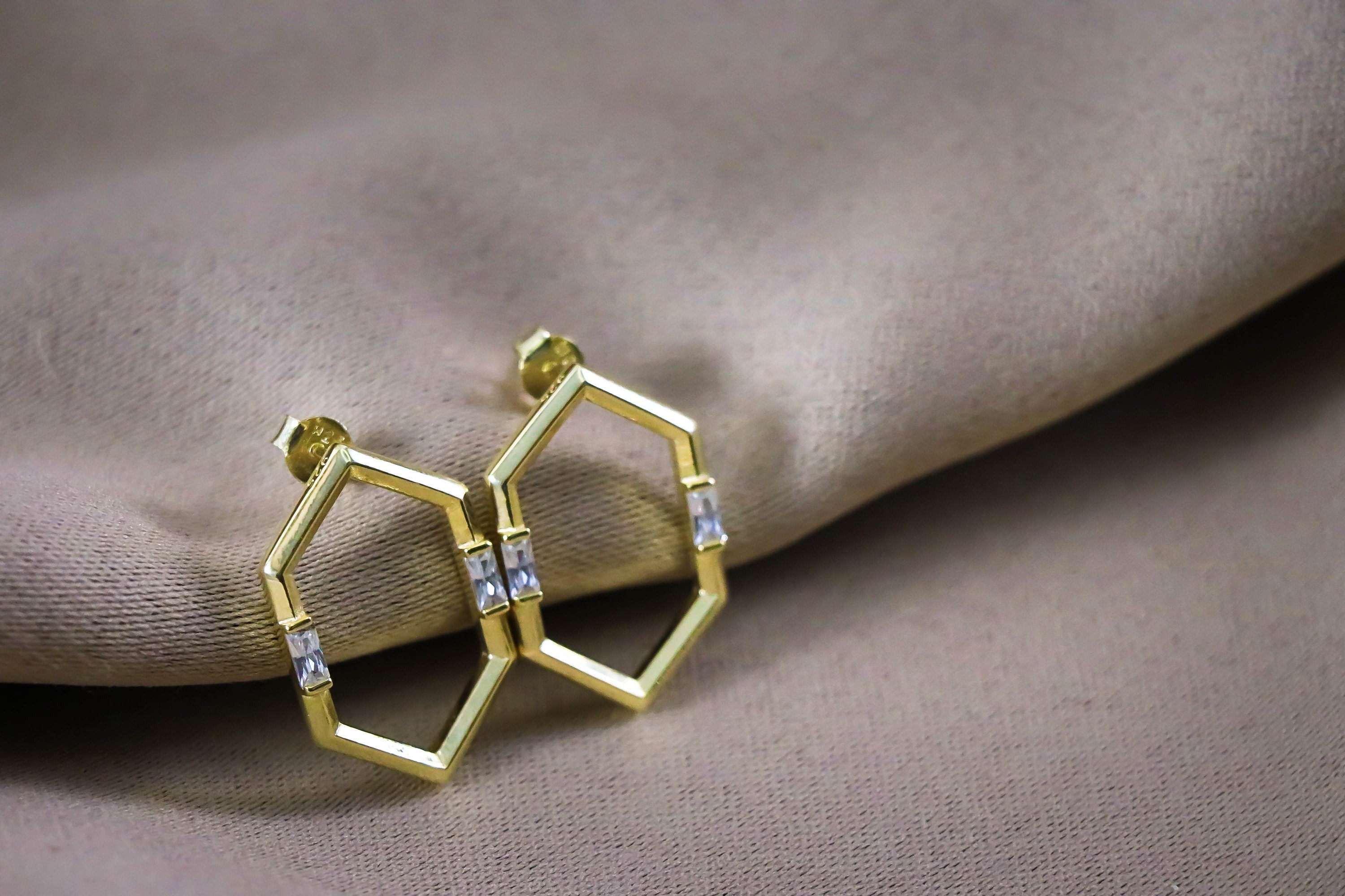 HEXAGON ZIRCON Ear STUDS | 925 Silver | 14K Gold Plated | Geometric Earring | Hoop Huggie Earring | Silver Jewelry|Charm Silver|Freeshipping