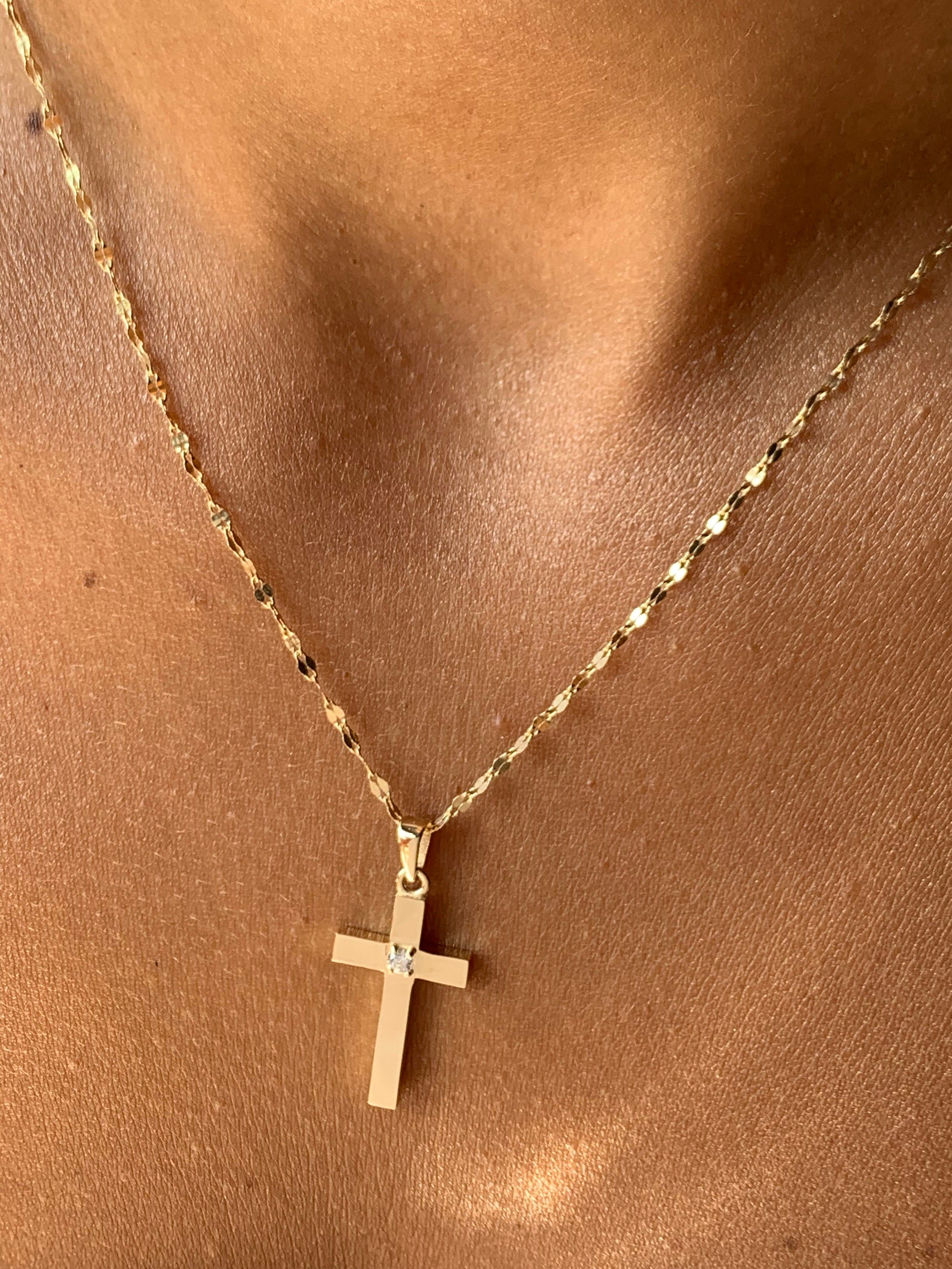 Diamond Cross Necklace | 14k Solid Gold Cross Pendant | CZ Solitare Religious Handmade Minimal Women Best Cross Necklace | Best Baptism Gift