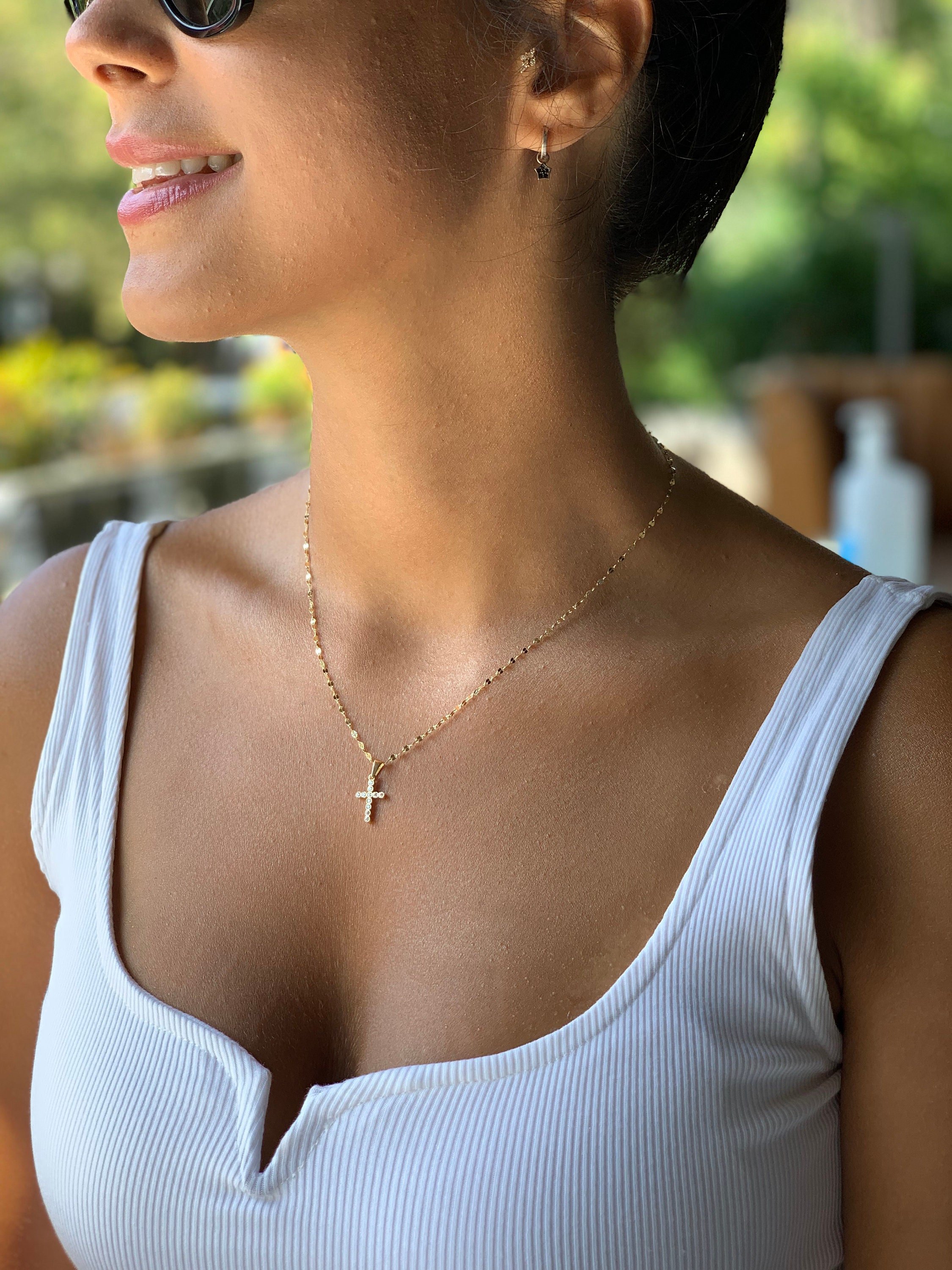 Dainty Crystal Cross Necklace | 14k Solid Gold Cross Pendant | CZ Cross Personalized Initial Religious Handmade Minimal Women Best Jewelry