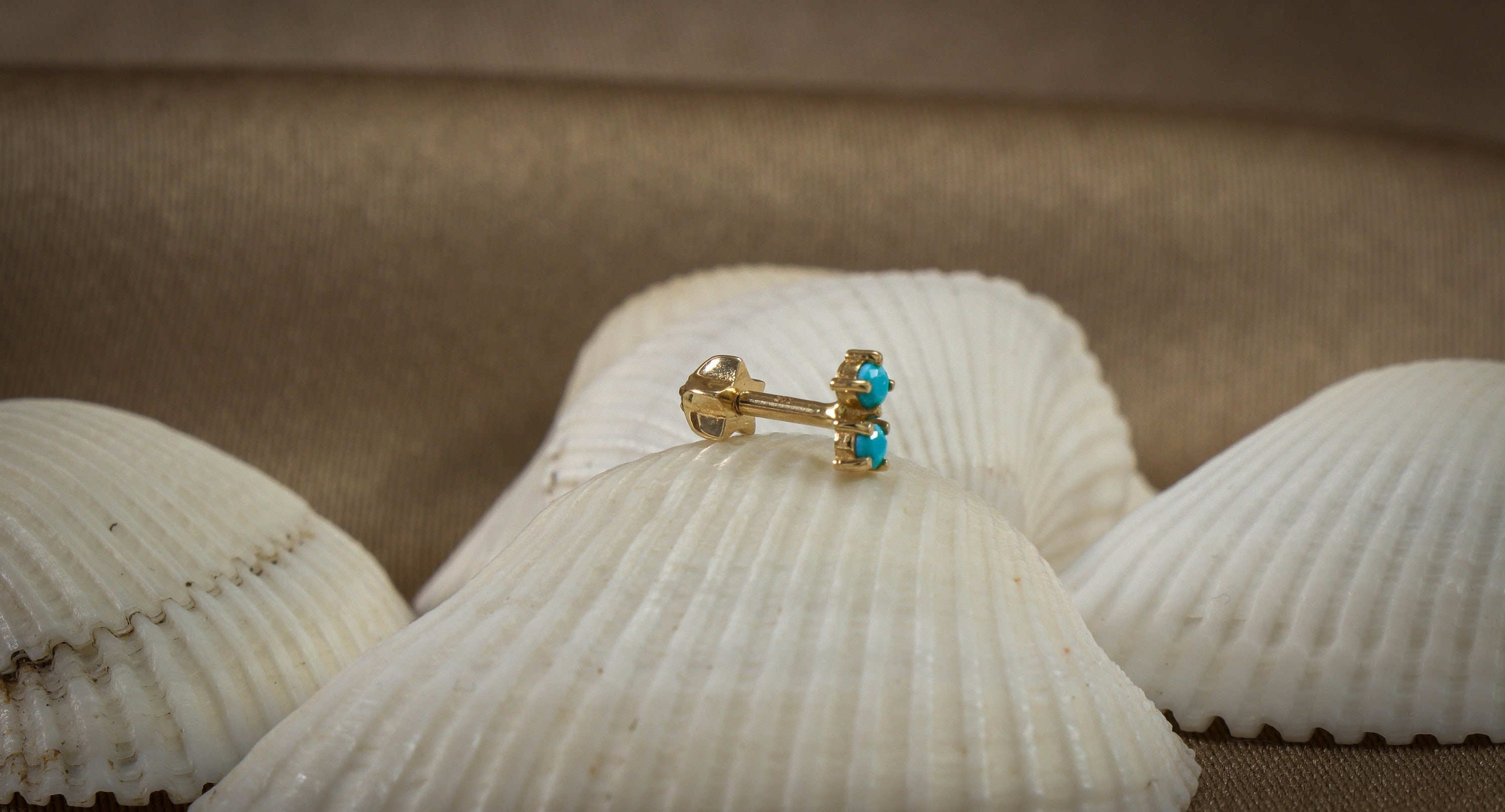 14K Gold 2 Blue Stone Piercing, Double Emerald Piercing Stud, Minimal Cartilage Earlobe Piercing, Helix Ear Stud