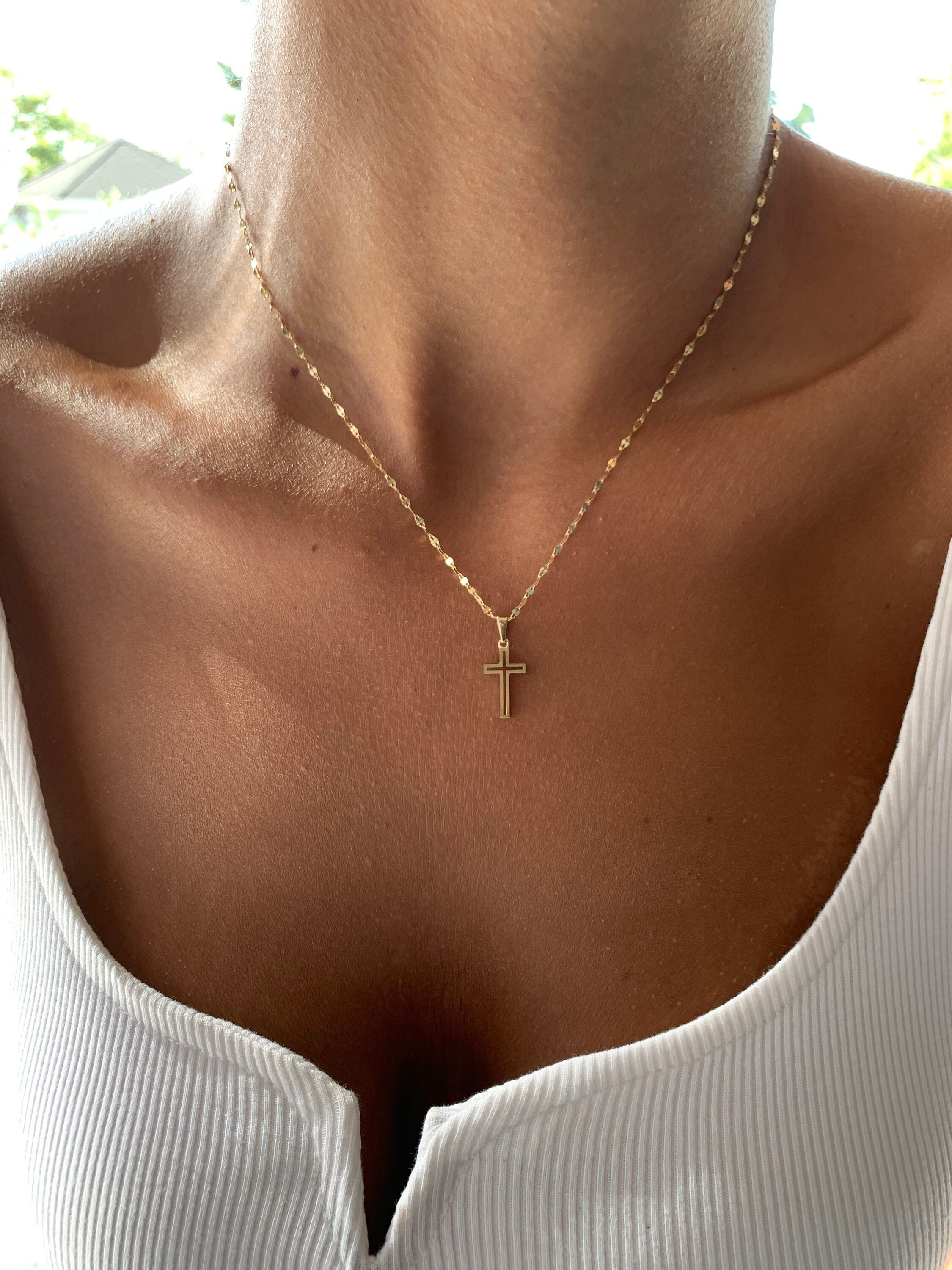 14K Solid Gold Cross Necklace | Handmade Customized Jewelry | Religious Birthday Gift | Dainty Protection Mirror Chain Pendant Necklace |