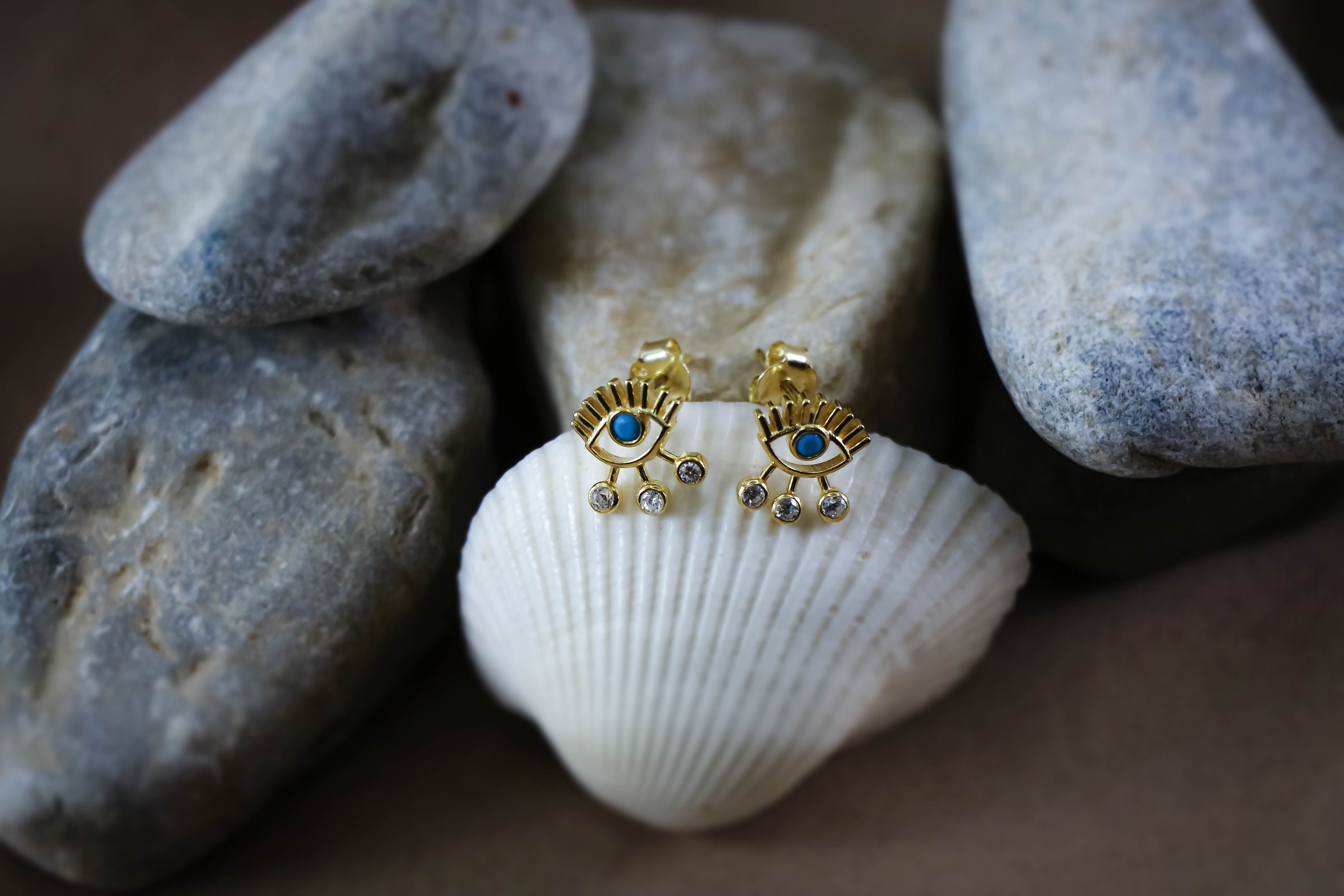 14K GOLD PLATED 925 Sterling SILVER Zirconia Earring | Zirconia Gemstones | Evel Eye Earrings | Gold Plated Jewelery | Charm Good Luck Gift