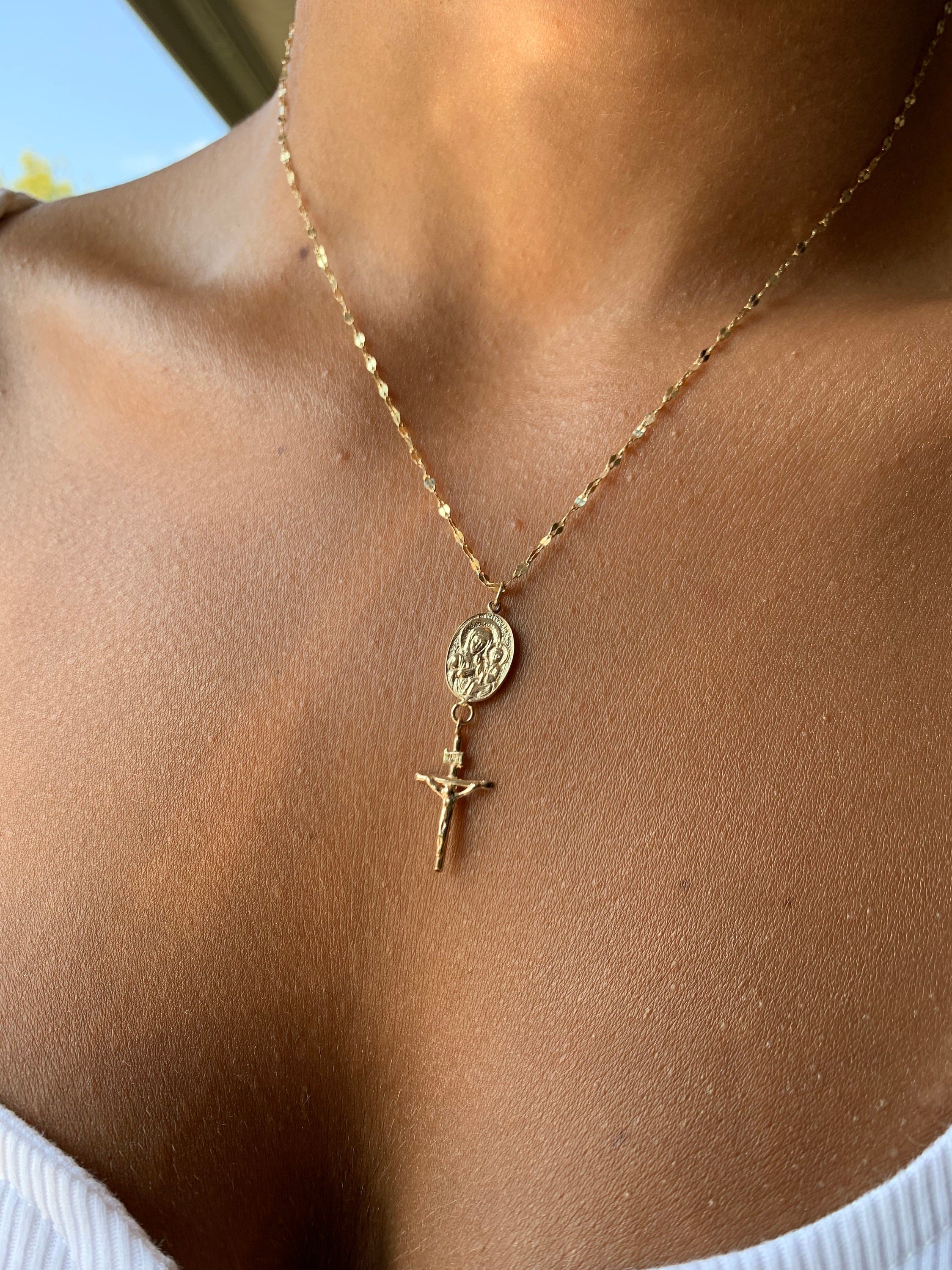 Virgin Mary Cross Necklace | 14K Solid Gold Religious Baptism Necklace | Mary and Jesus Cross Coin Necklace | Christian Protection Jewelry