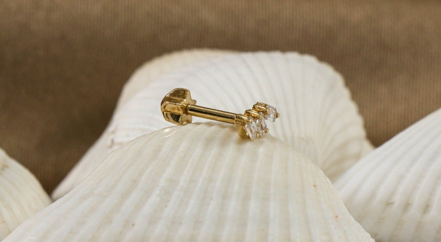 14K Gold 3 Baguette Stone Piercing, Solid Gold Tiny Earring, Three Stone Earring, Cubic Zirconia Earring, Baguette Crystal Earrings