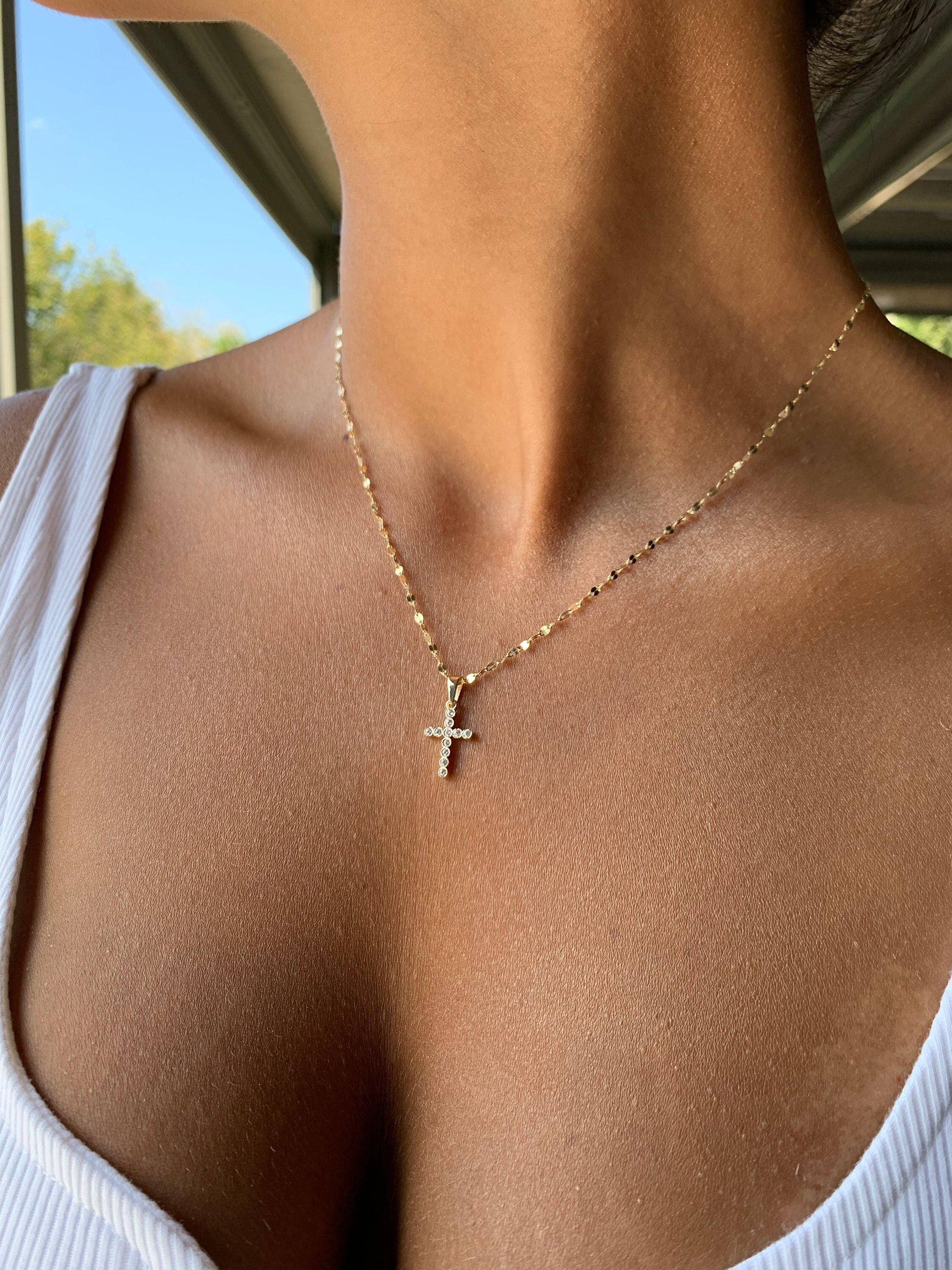 Dainty Crystal Cross Necklace | 14k Solid Gold Cross Pendant | CZ Cross Personalized Initial Religious Handmade Minimal Women Best Jewelry